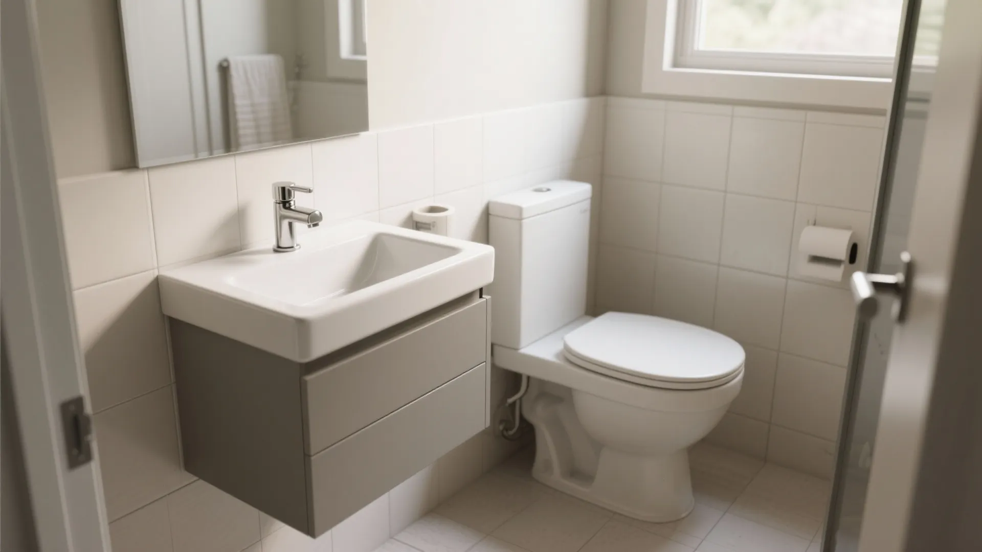 Small functional bathroom design with white toilet compact sink cabinet square wall tiles and natural window