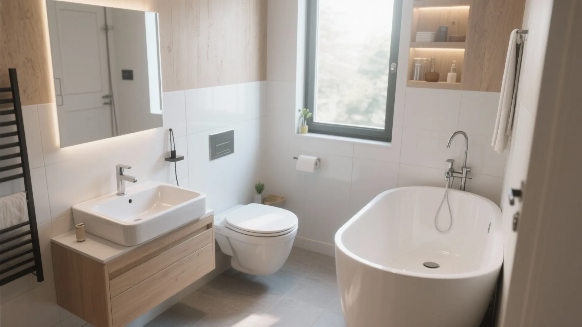 Modern bathroom with white sink, wooden cabinet, wall hung toilet, oval bathtub, and natural light