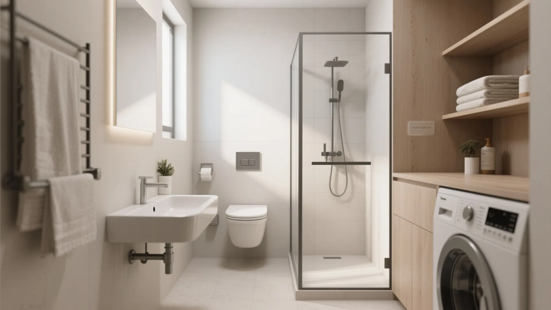 Small white bathroom featuring wall-mounted sink, toilet, glass shower box, and wooden laundry storage cabinet