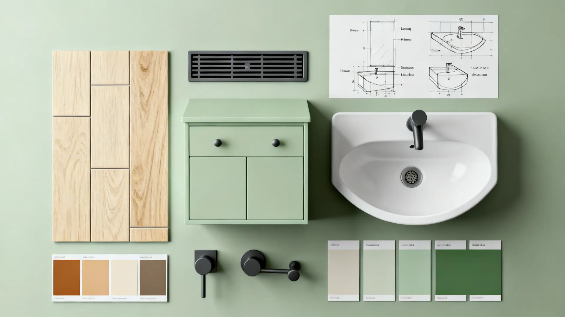Flatlay of compact bathroom fixtures, tile swatches, and layout sketches for small-space planning
