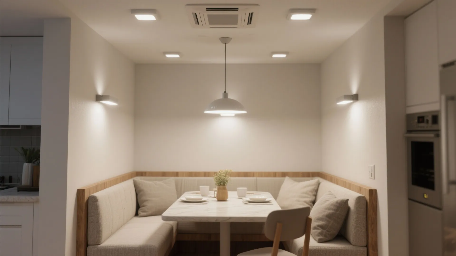 Modern small dining area with a marble table and corner sofa under several light fixtures