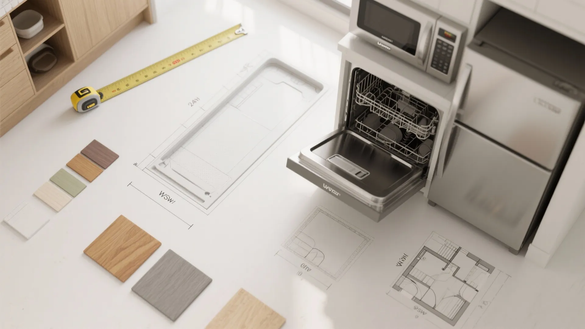 Top-down flatlay showing compact appliance footprints, measuring tape, and floor plan elements for small kitchen planning.
