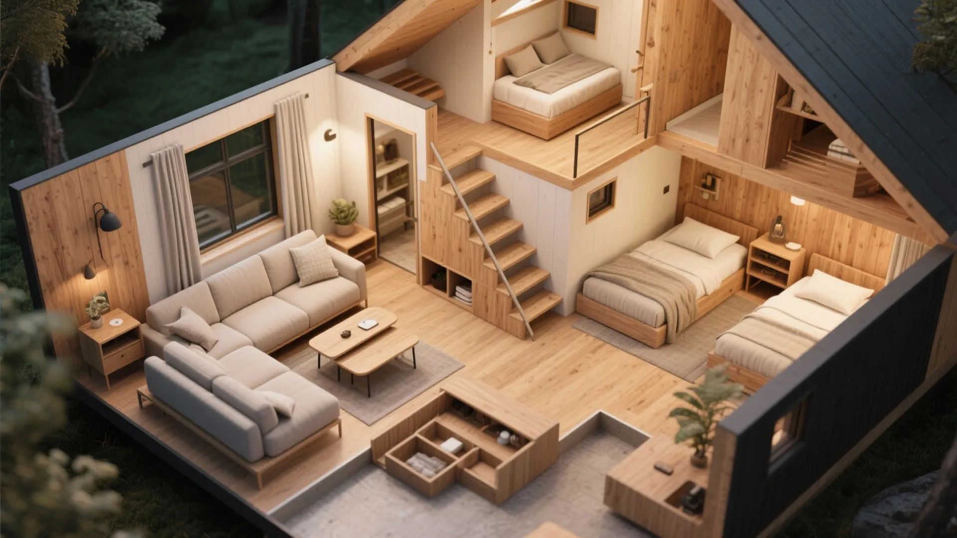 Compact Cabin with Flexible Furniture