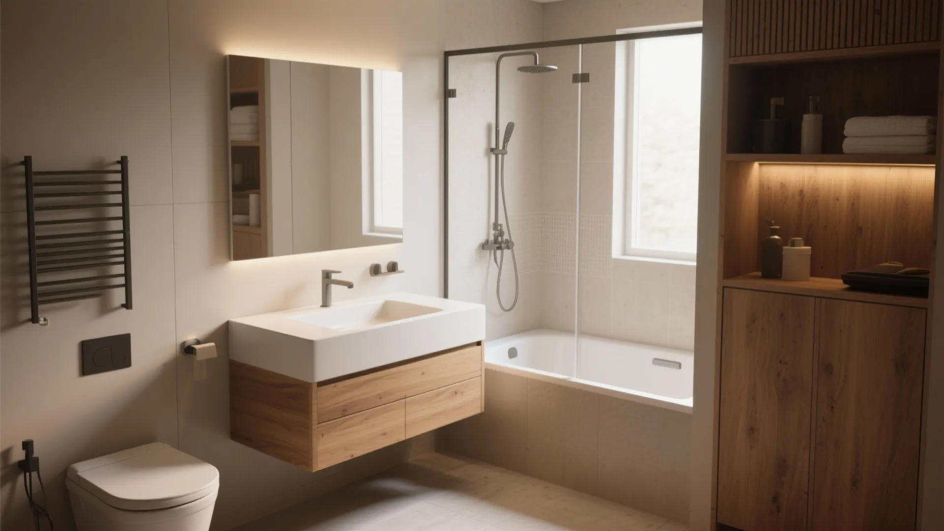 Floating half-depth vanity in small modern bathroom