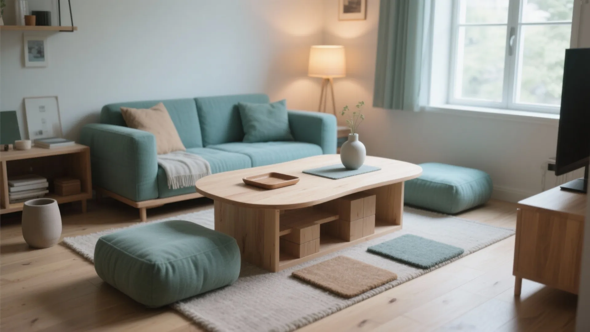 Modern living room showing green sofa wooden coffee table floor cushions rug and floor lamp