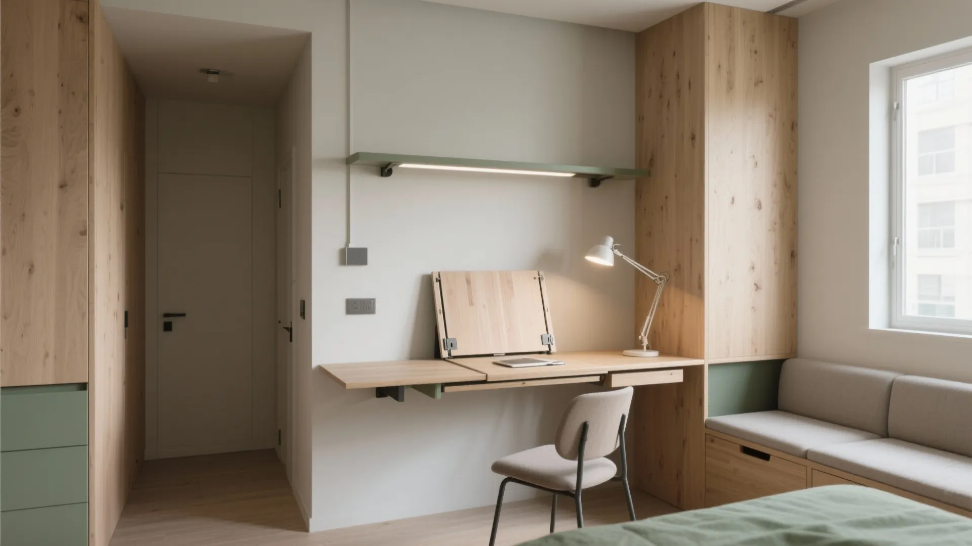 Modern room with wooden folding desk grey chair desk lamp green shelf and large cabinets