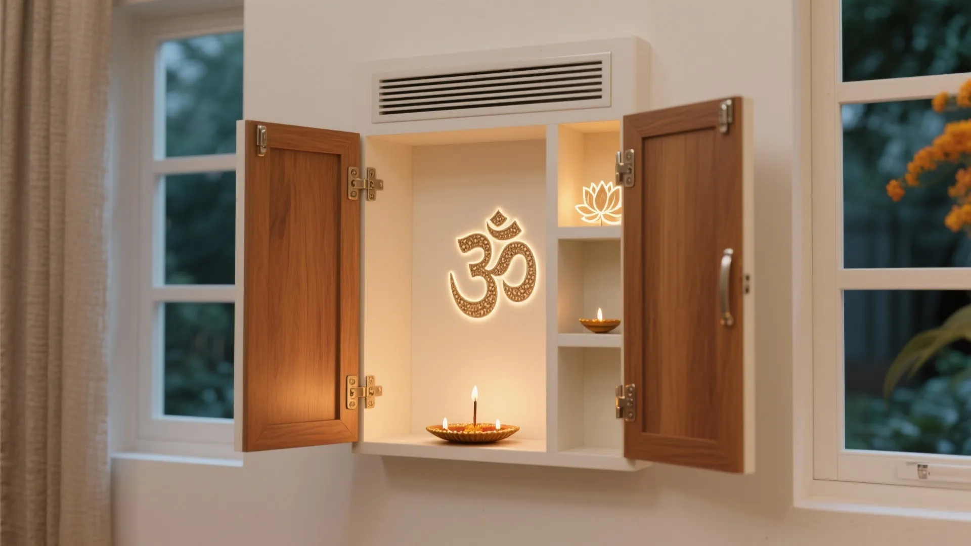Compact wall pooja cabinet with fold-out veneer doors and warm LED glow.