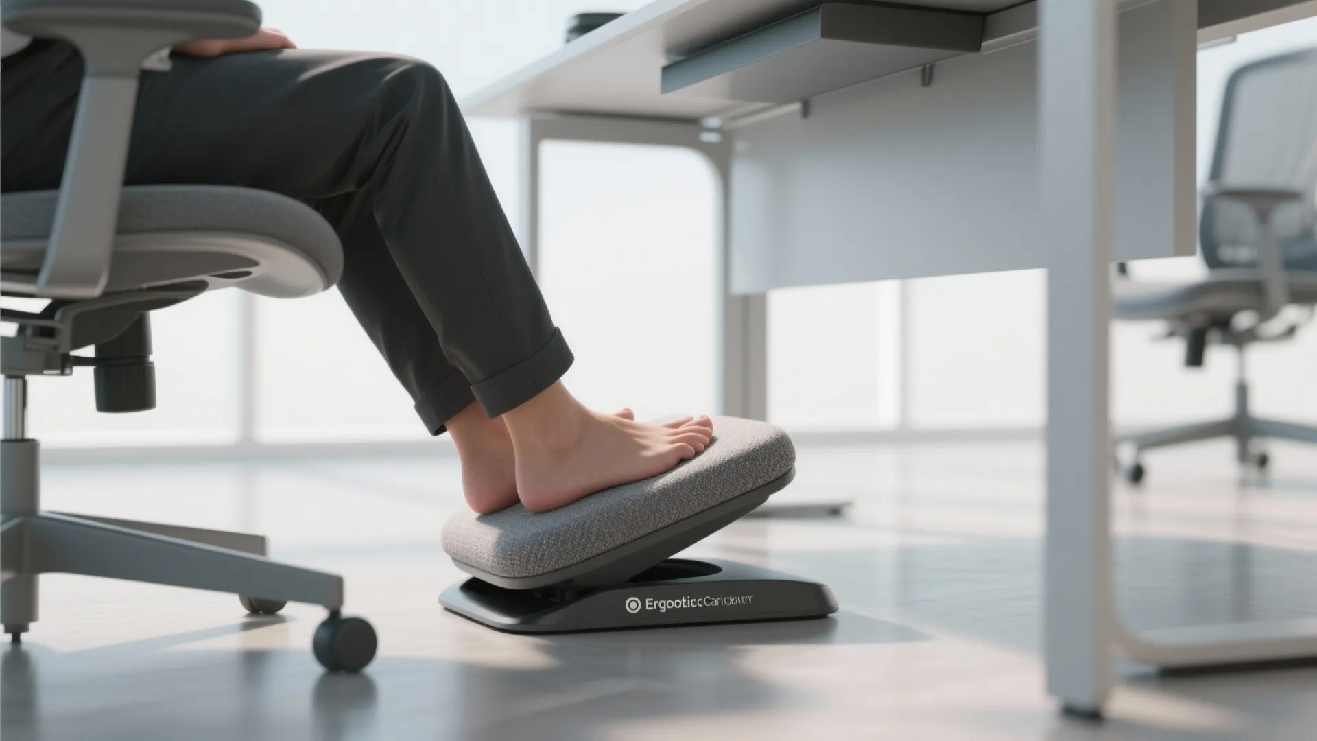 Person resting feet on a grey fabric ergonomic footrest placed under a white modern desk
