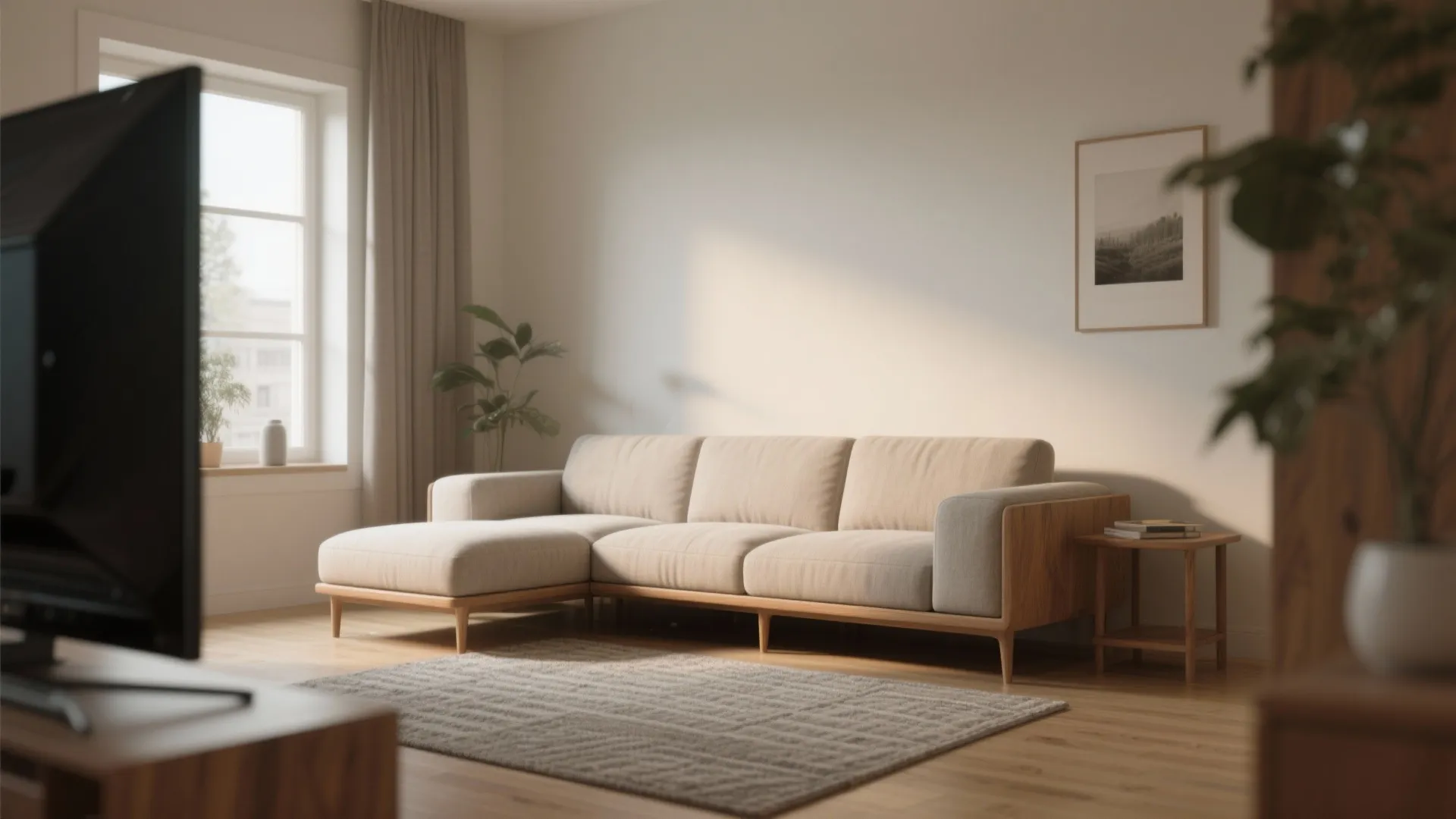 Bright living room with beige sectional sofa wooden floors grey rug window curtains and wall art