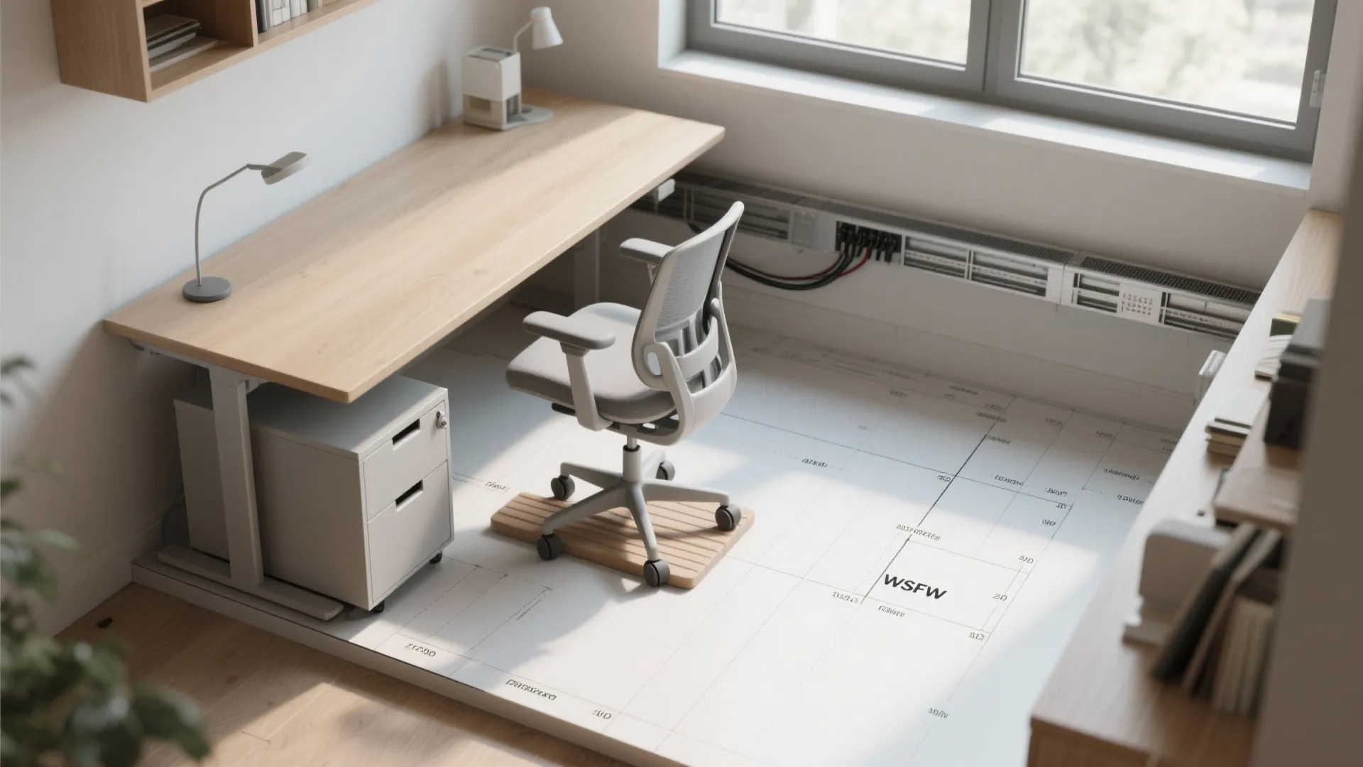 Top view of a home office layout with wooden desk grey chair and white floor