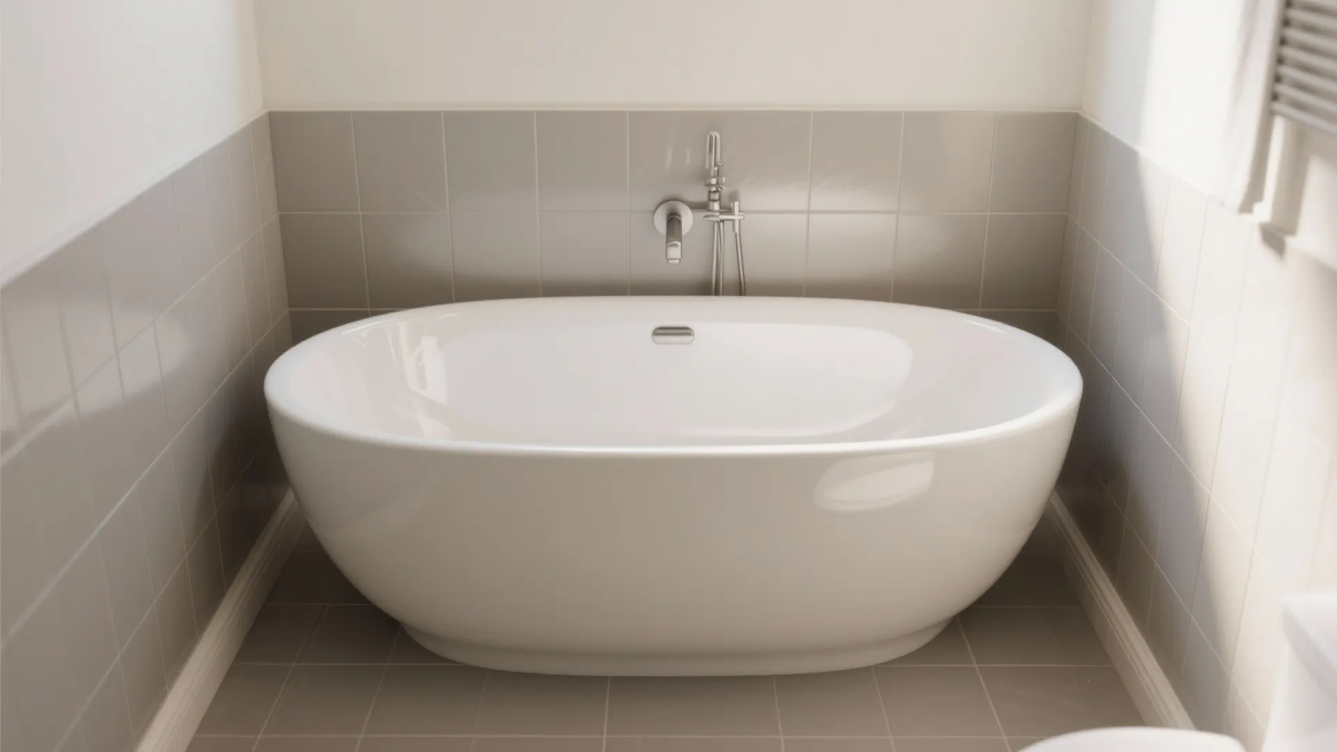 Slim freestanding oval tub in a 60-inch niche with floor-mounted filler.