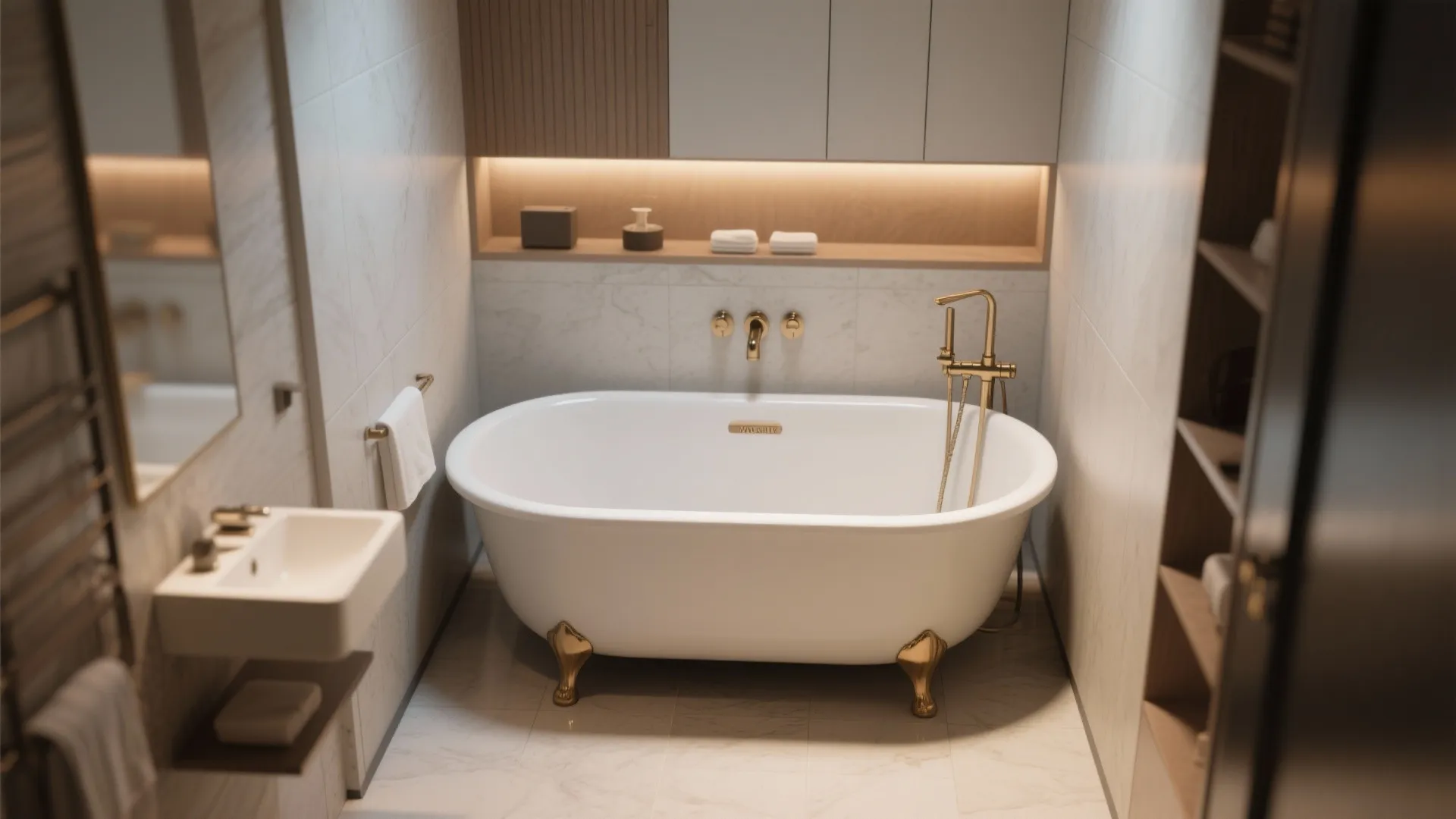 White bathtub with gold legs and gold faucet next to a small white wall sink
