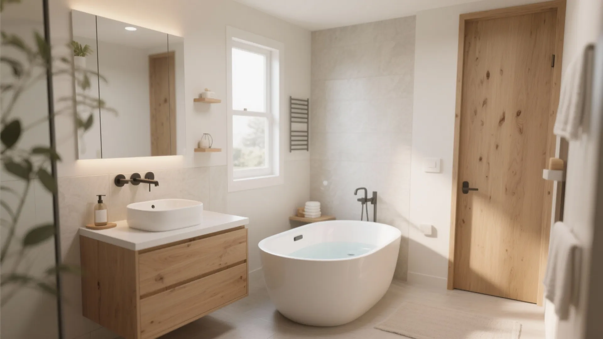 Bright modern bathroom with white freestanding bathtub wooden floating vanity vessel sink mirror and light