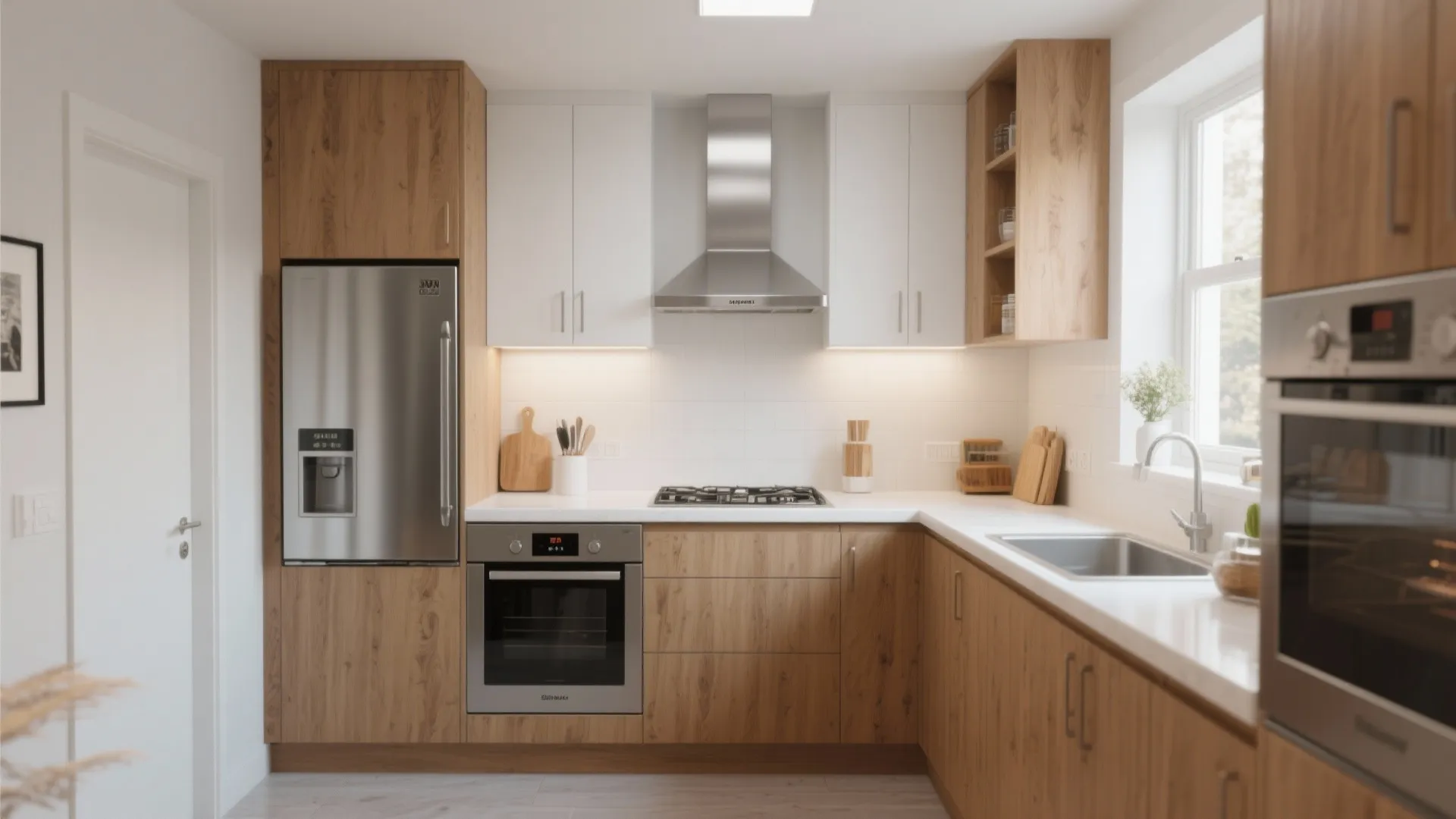 Modern kitchen with wood cabinets, white upper storage, stainless steel fridge, oven, and window view
