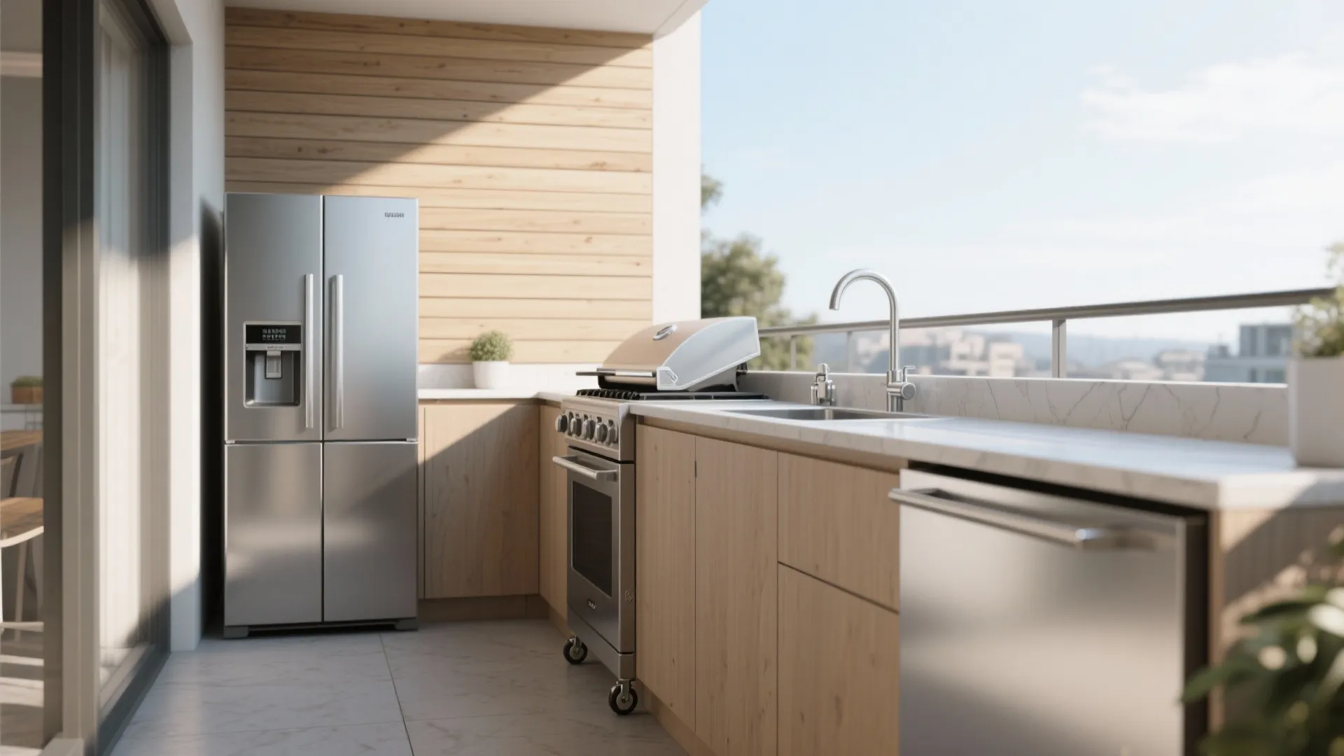 Modern outdoor balcony kitchen with stainless steel fridge oven sink wooden cabinets and city view