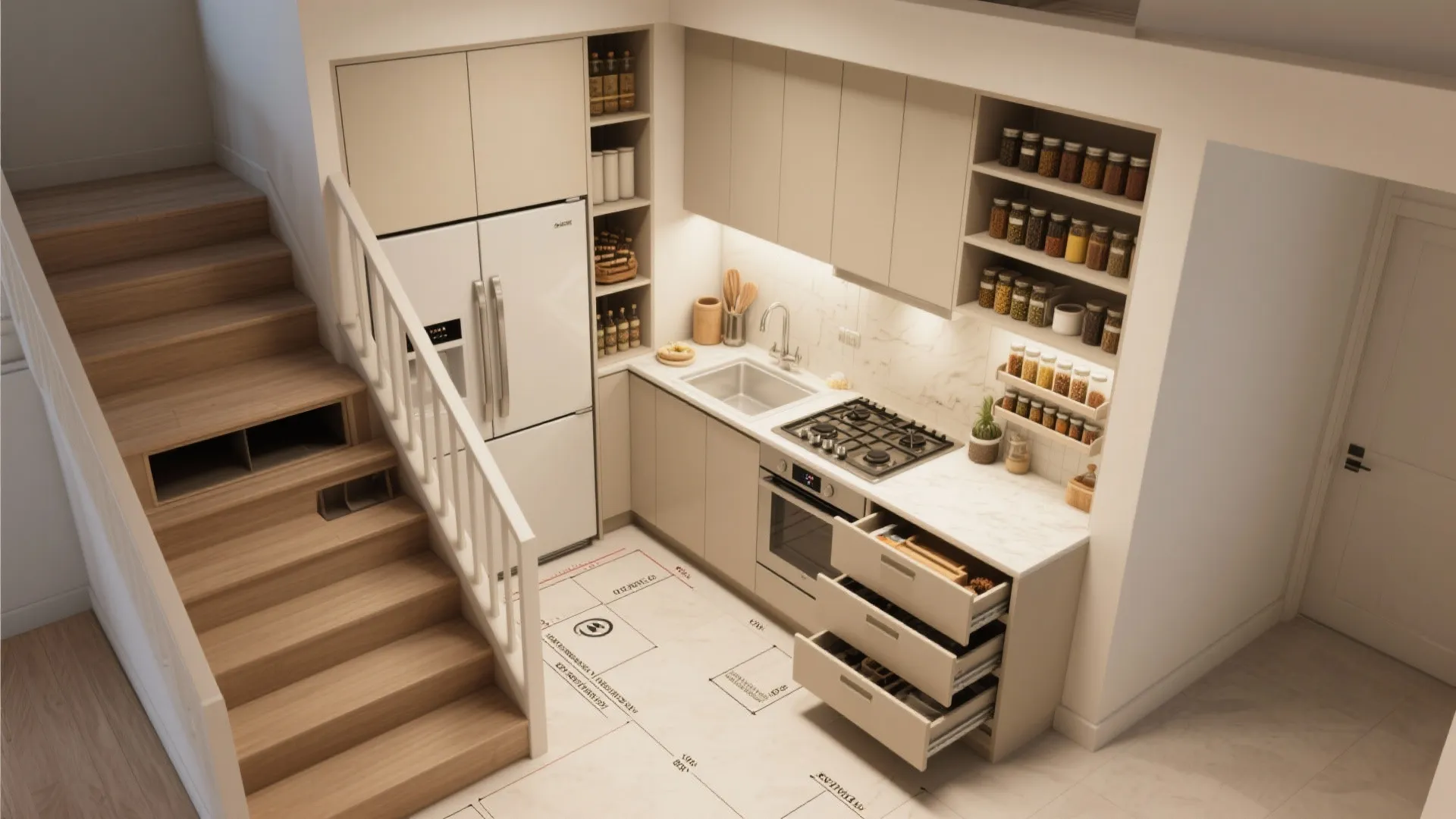 Top-down view of a compact galley kitchen with full-height cabinets, shallow pantry and pull-out storage.