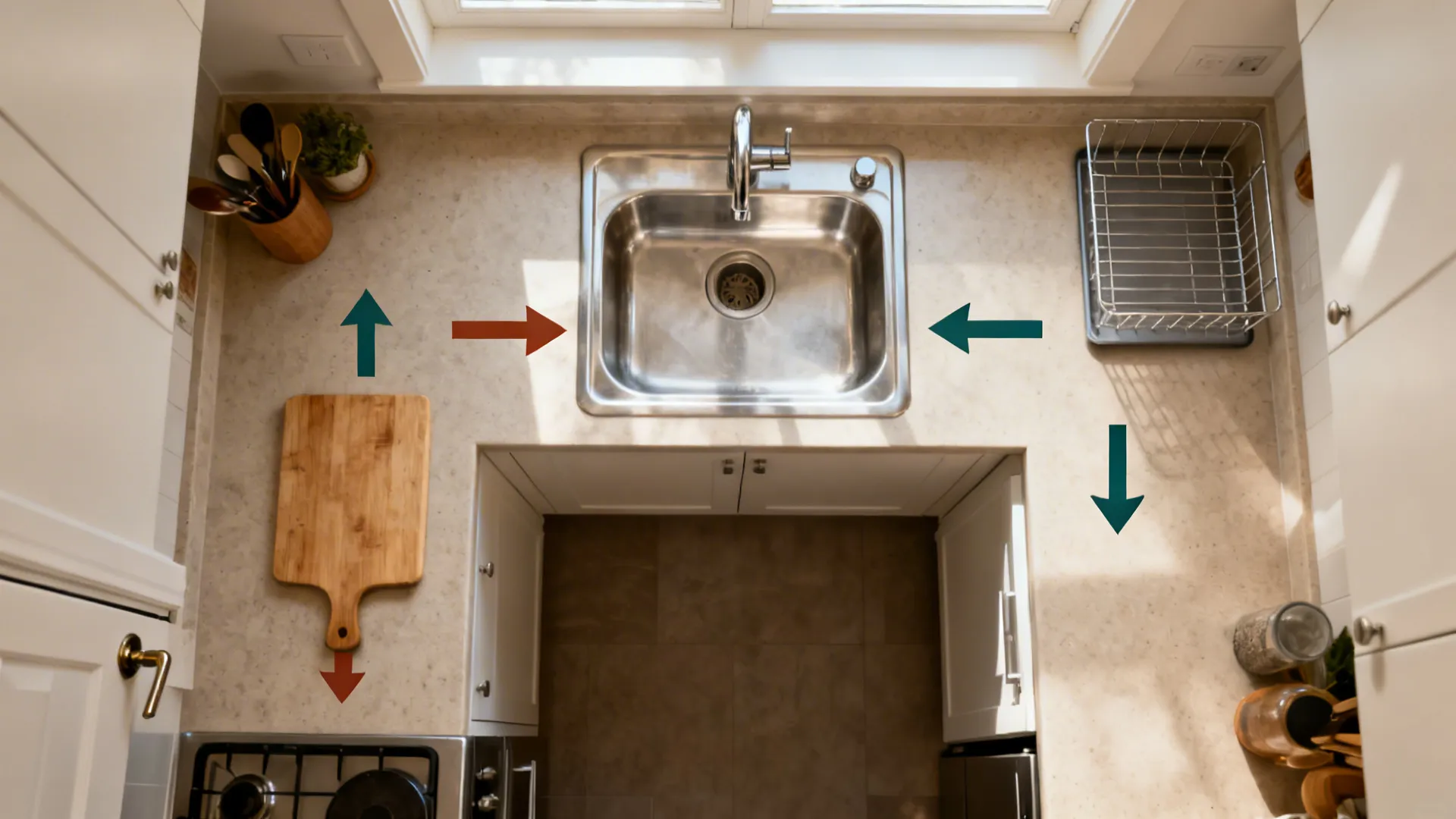 Top-down view of a compact galley layout with clear prep and clean paths around the sink.