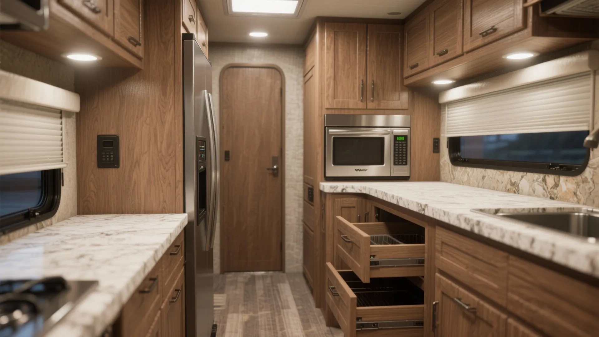Compact galley kitchen with slimline fridge, drawer microwave and pull-out pantry in a 5th wheel