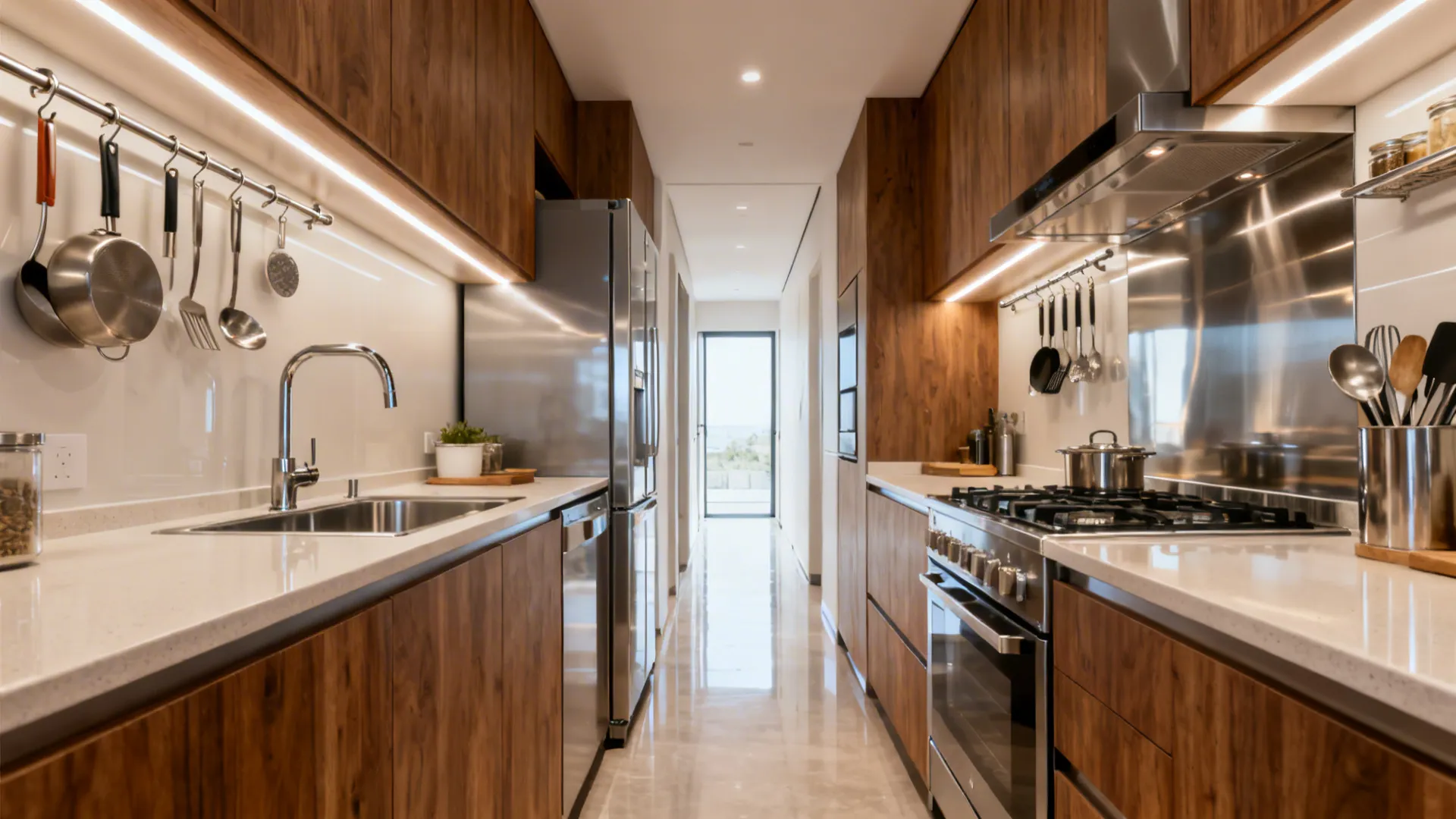 Compact galley kitchen with 100–110 cm aisle, parallel counters, and clear linear workflow.