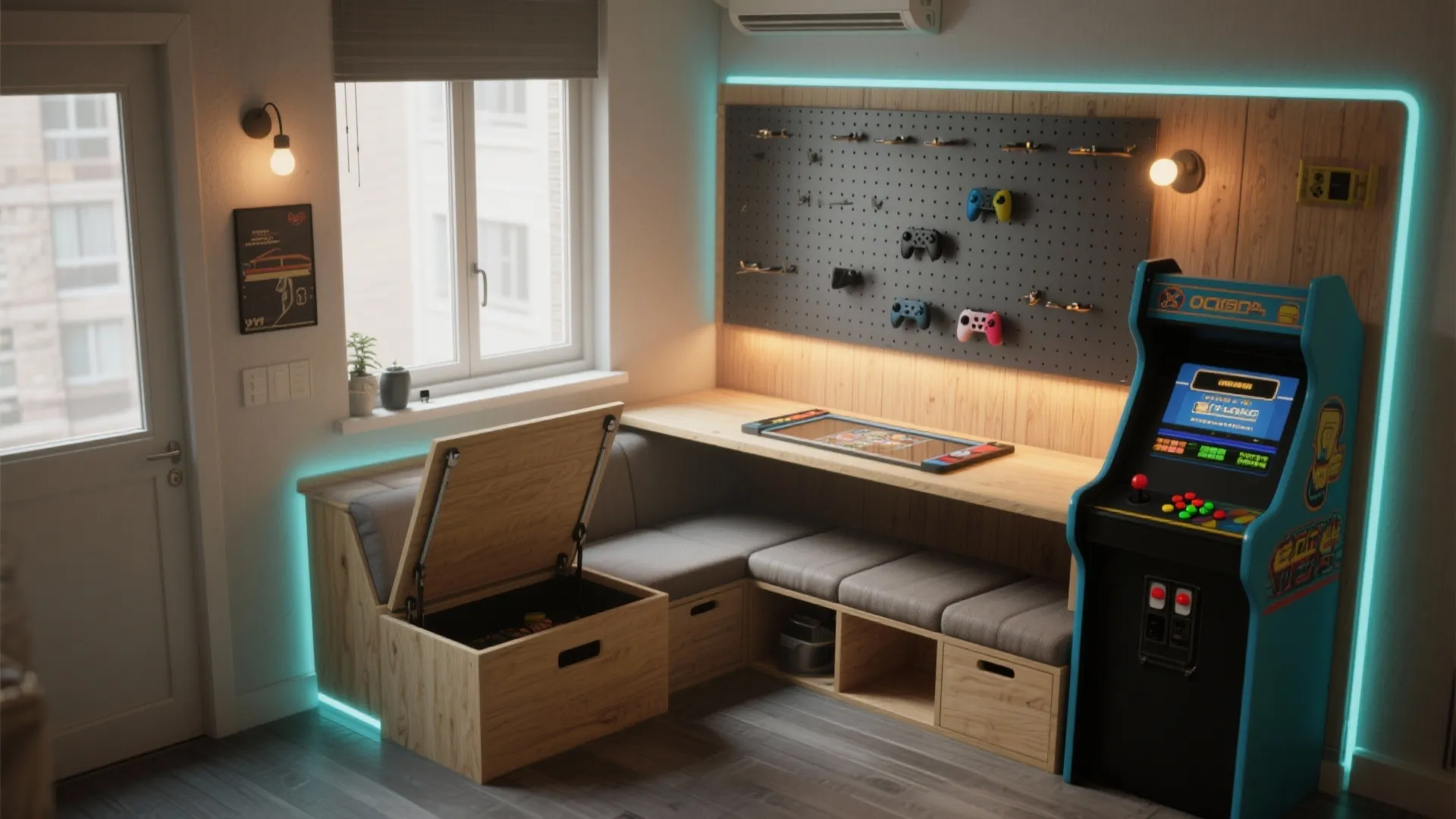 Small game room with neon lights arcade machine corner sofa with storage and wall board