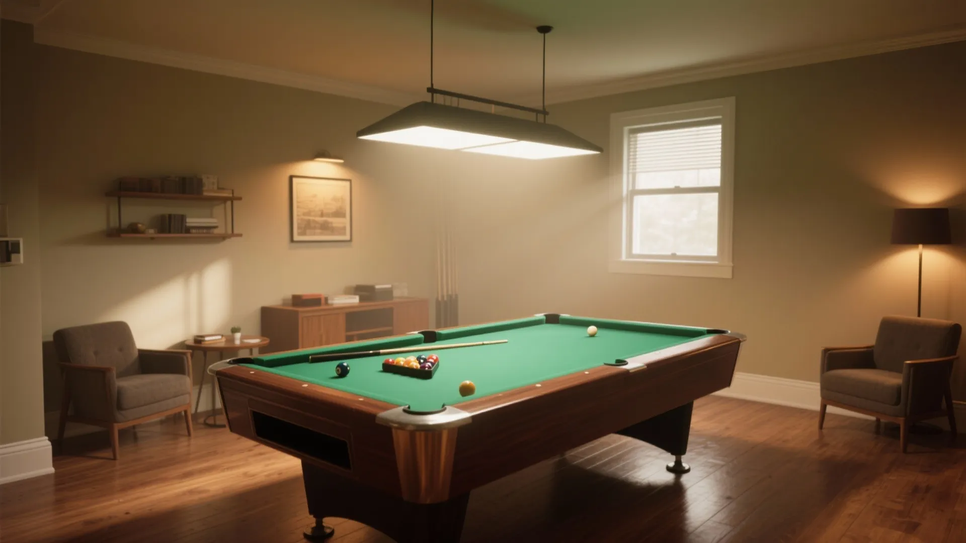 Wooden game room featuring a green pool table under a ceiling light with grey armchairs