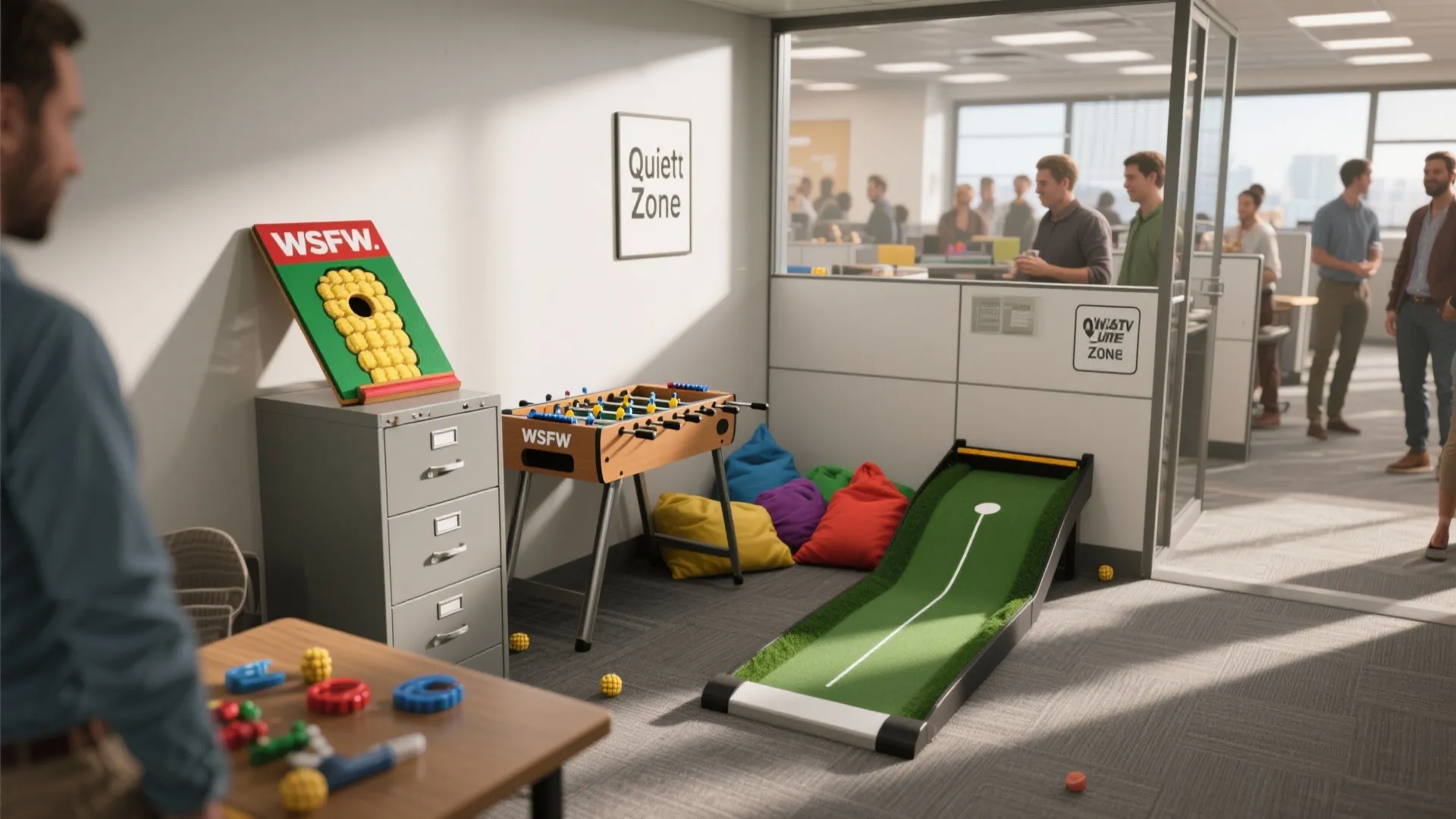 Office game area with file cabinet table soccer bean bags mini golf and quiet zone