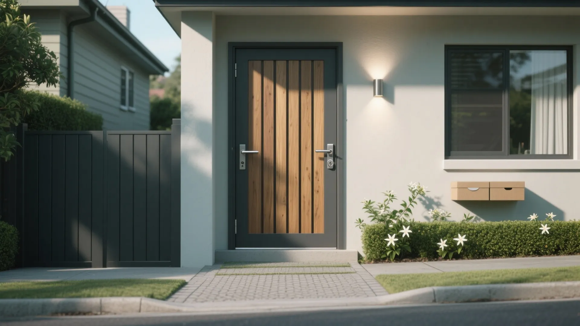 Modern house entrance featuring wood panel door dark frame wall light window and green bushes