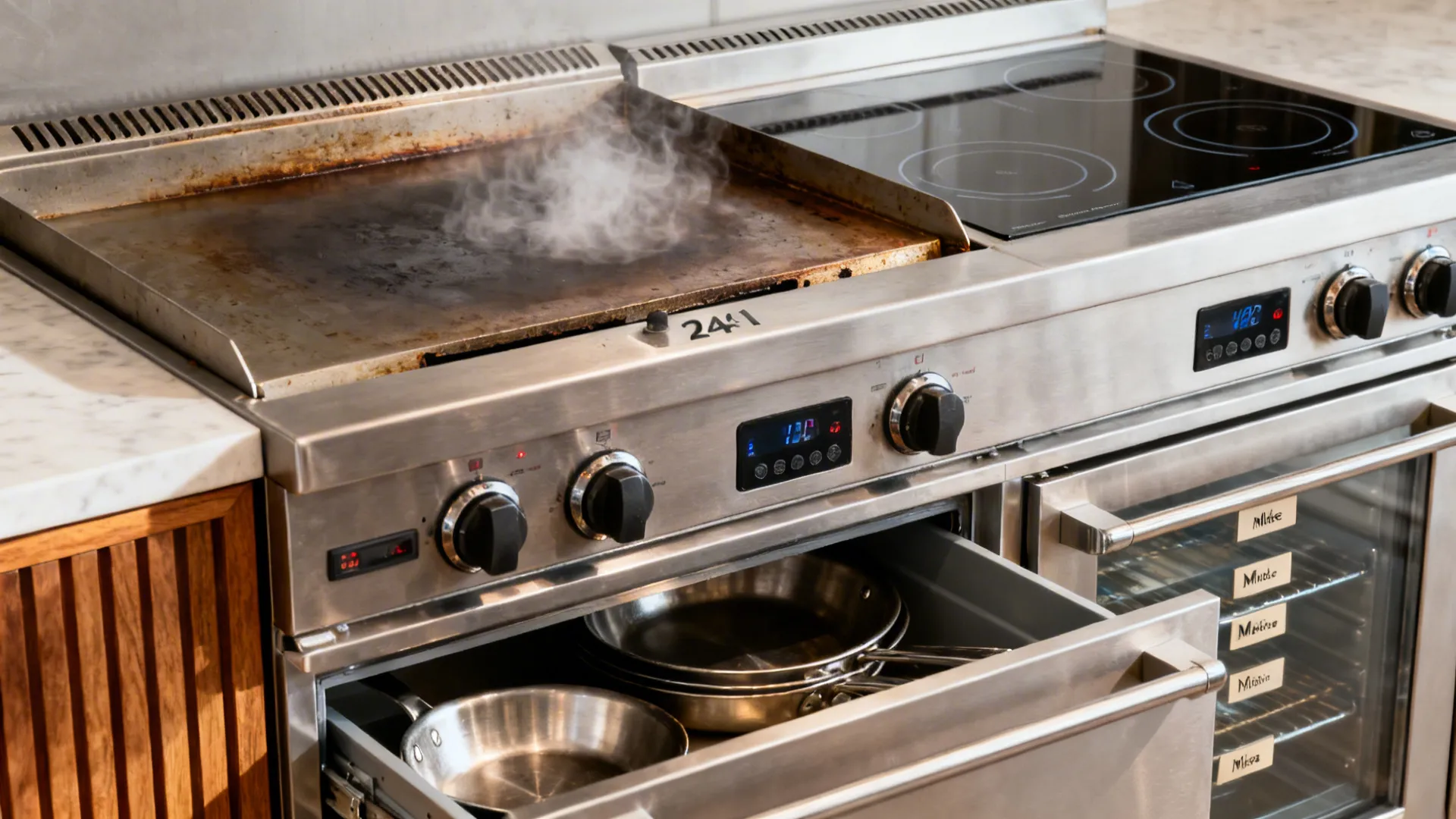 Close-up of plancha, induction burners, salamander, and refrigerated chef base drawers with mise.