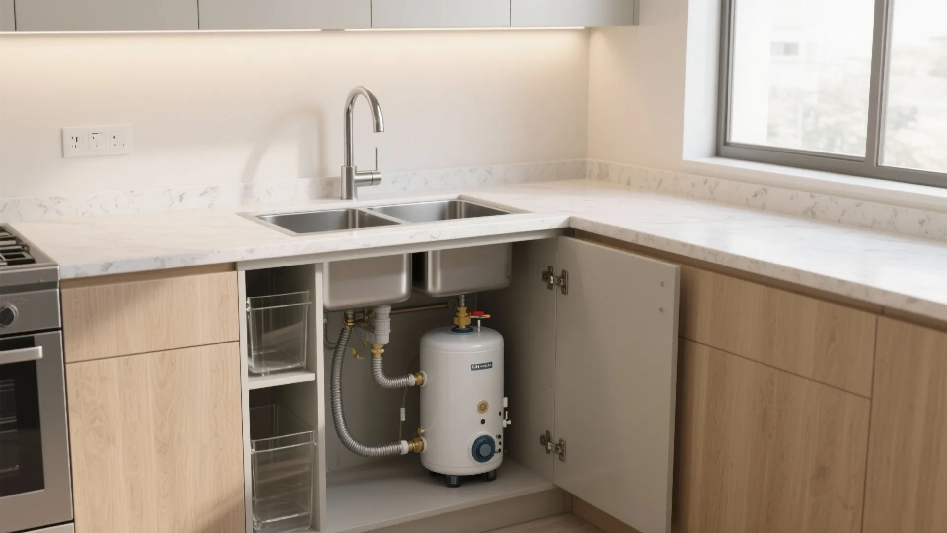 Small white water heater installed inside kitchen cabinet below double sink with white marble countertop