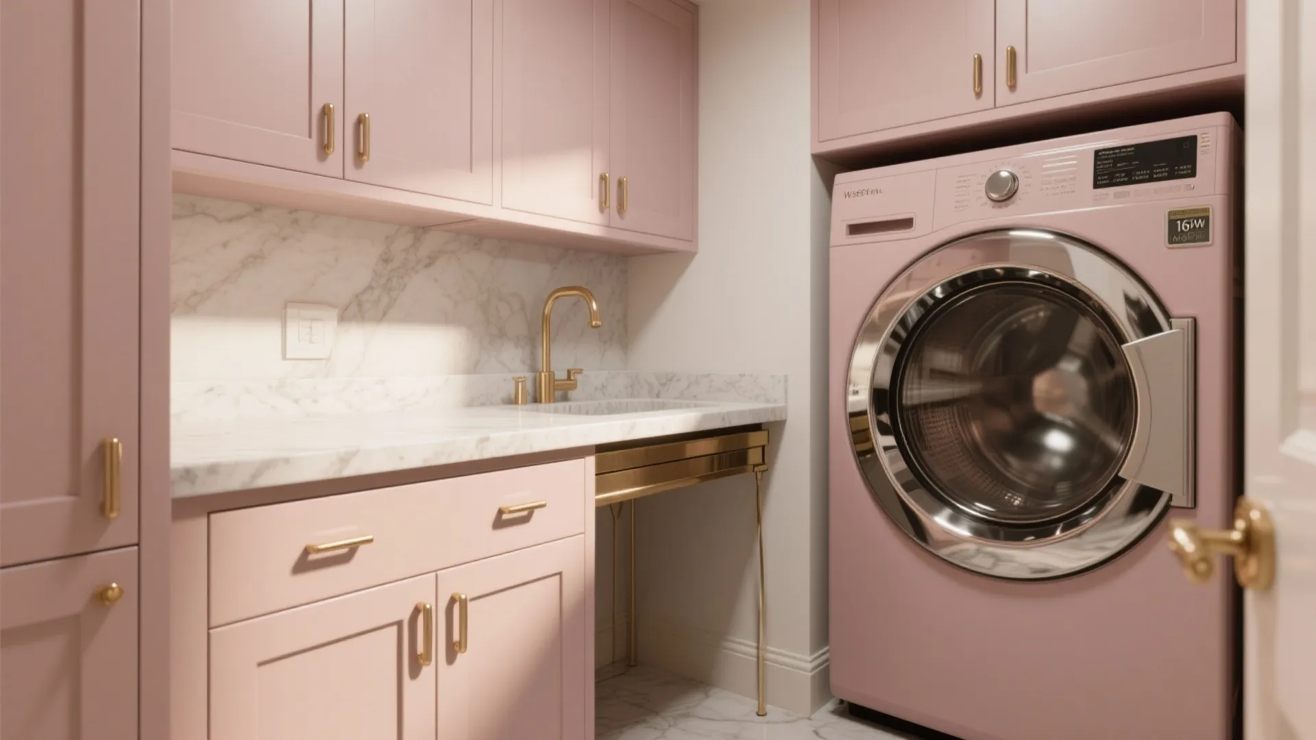 5. Compact Glam: Pink Cabinetry + Brass Hardware