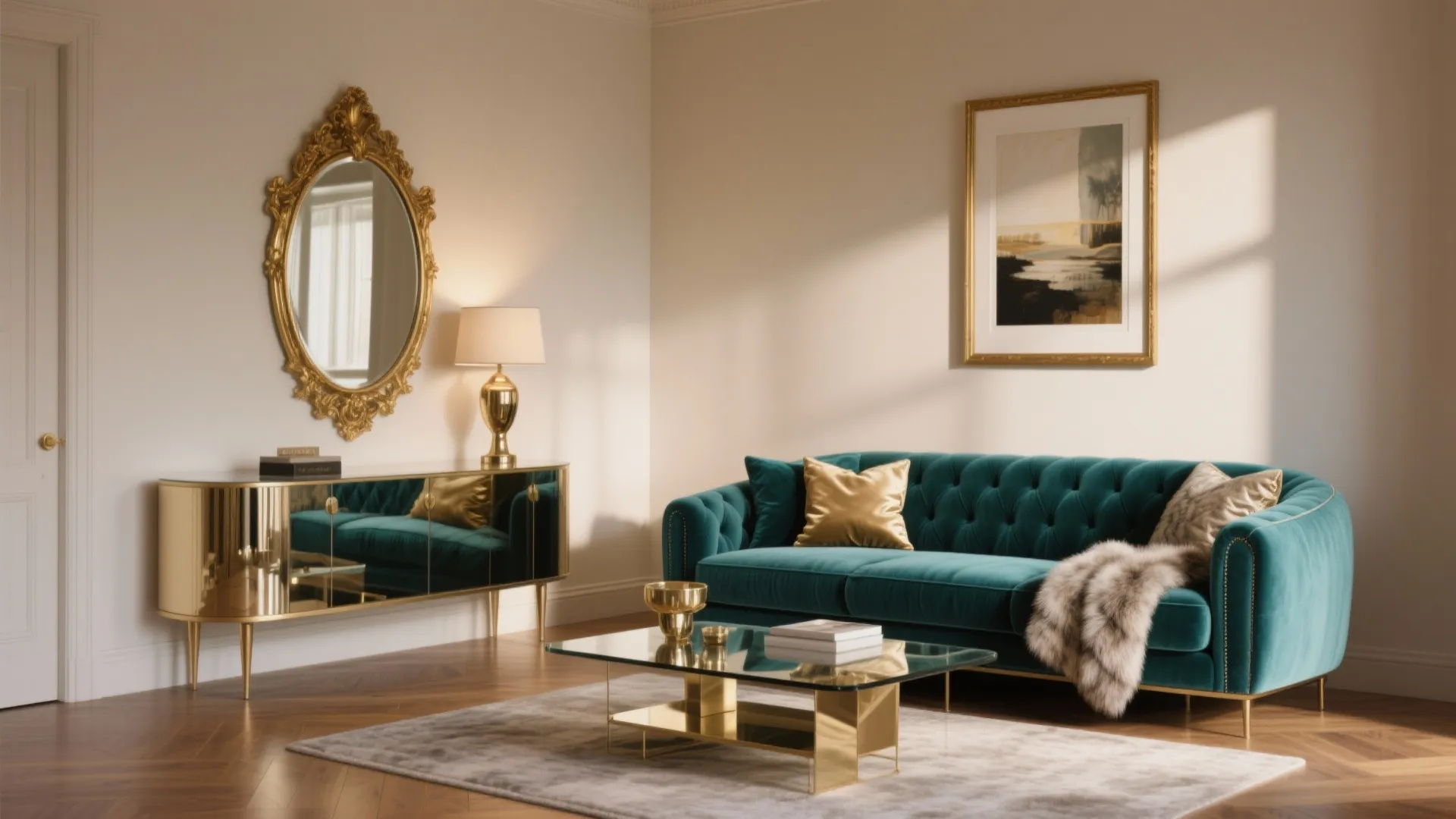Elegant living room with teal sofa gold cabinet mirror glass coffee table and wooden floor