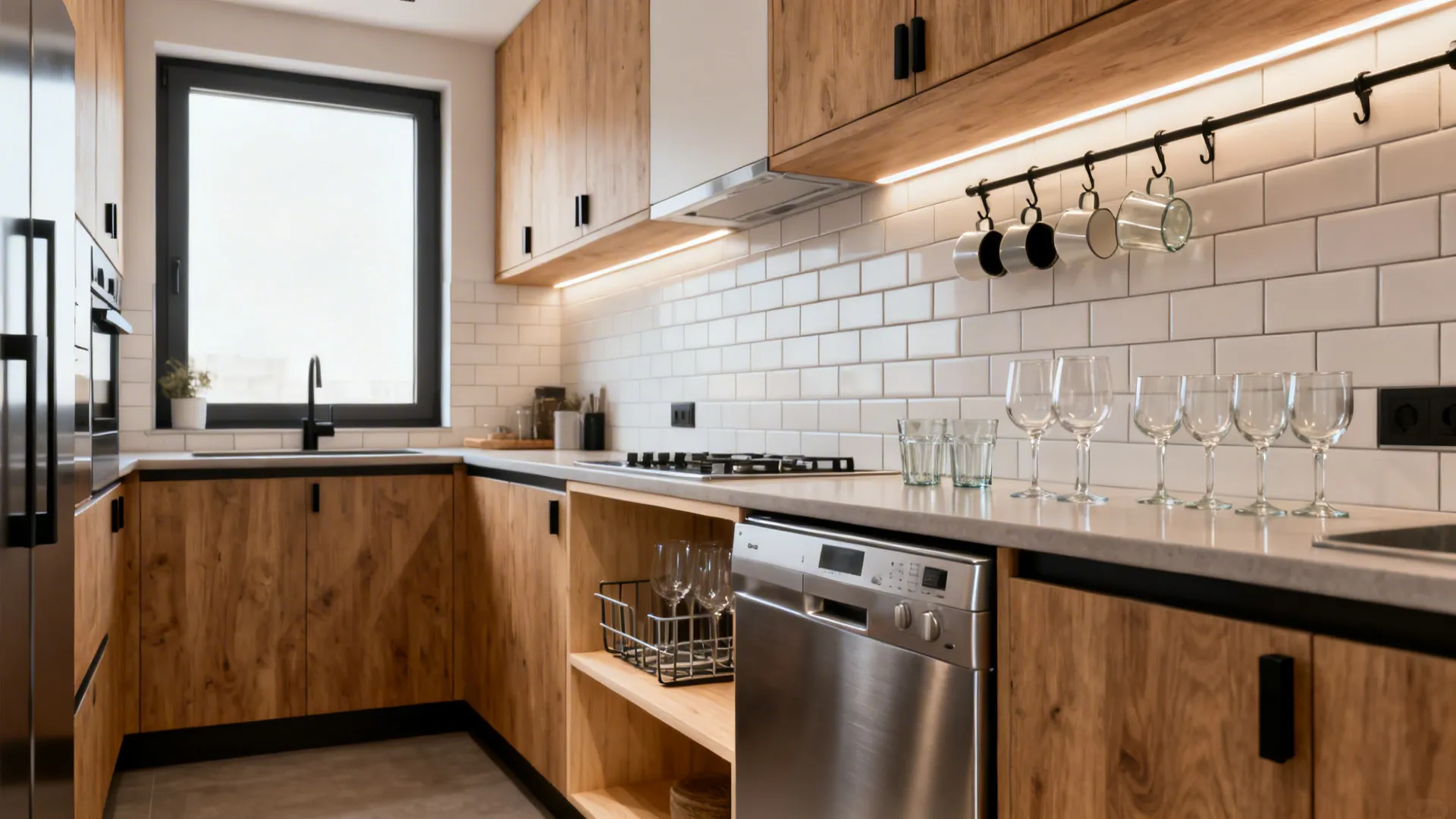 Modern kitchen with wooden cabinets white wall tiles stainless steel dishwasher sink and clear glass cups