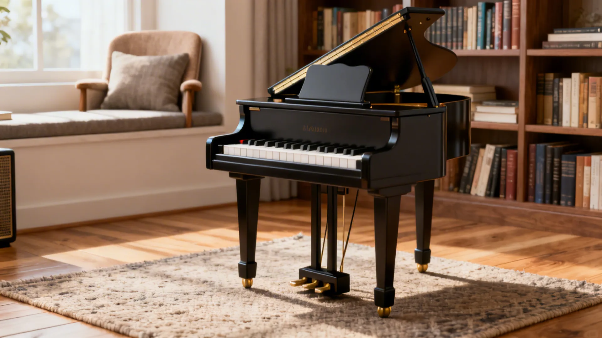 Compact baby grand piano preserving a reading nook and room proportions in a small living room