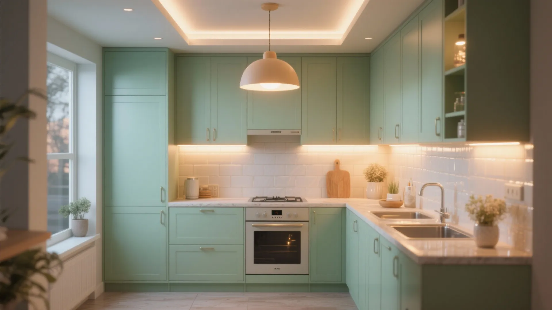 5. Subtle Green in Small Kitchens with Smart Lighting