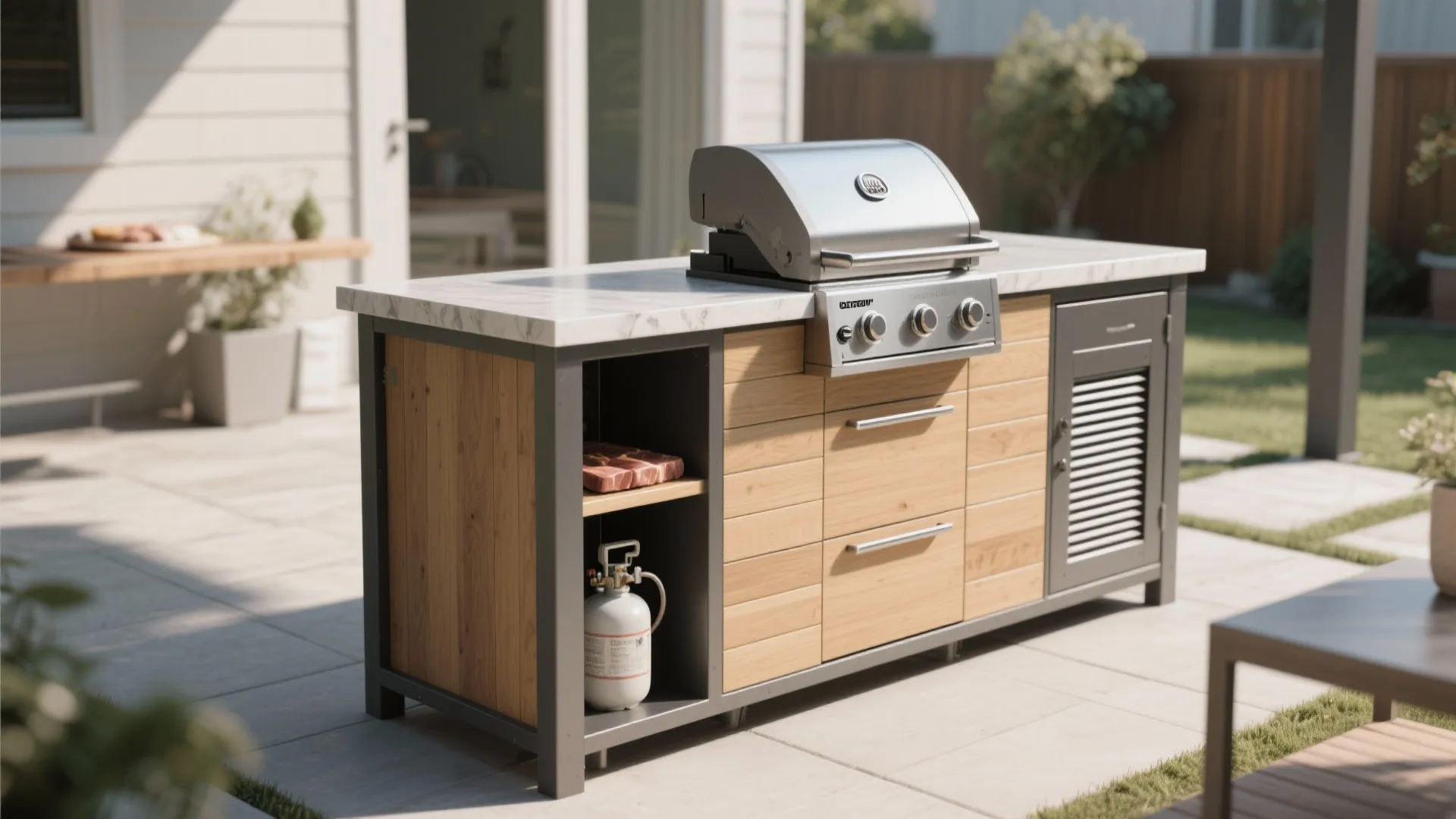 1. Compact grill island with built-in storage