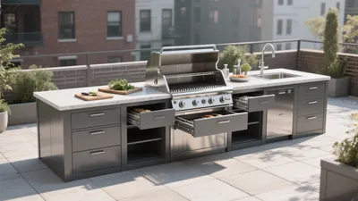 Outdoor Kitchen with Stainless Steel Grill & Smart Storage