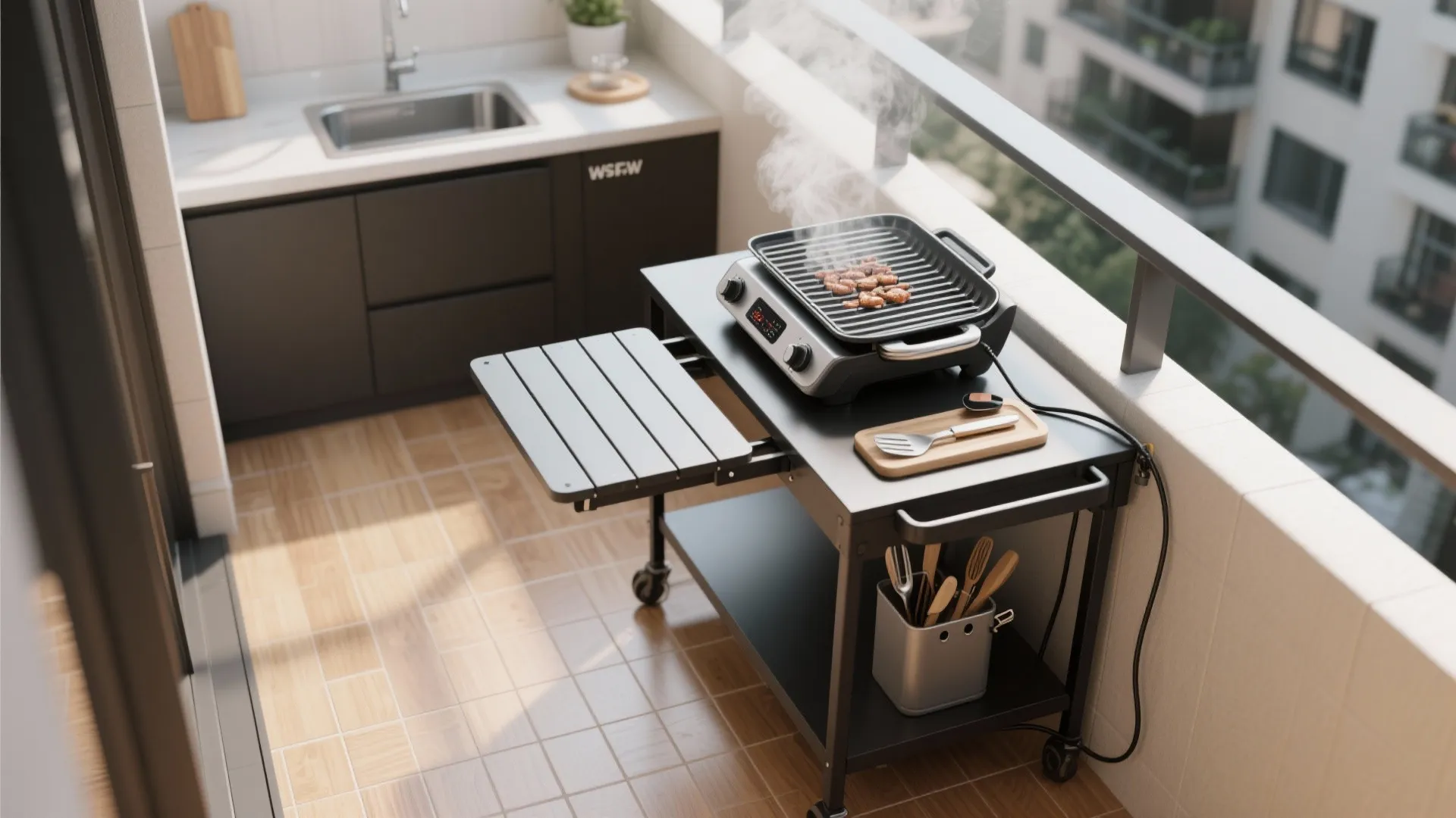 Electric grill on a black cart with smoke on a sunny balcony near a sink