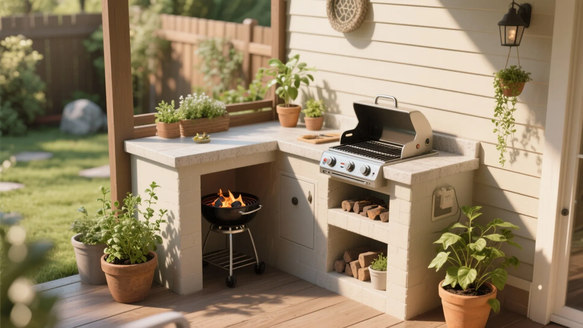 Outdoor stone kitchen counter with gas grill and charcoal grill next to green potted plants