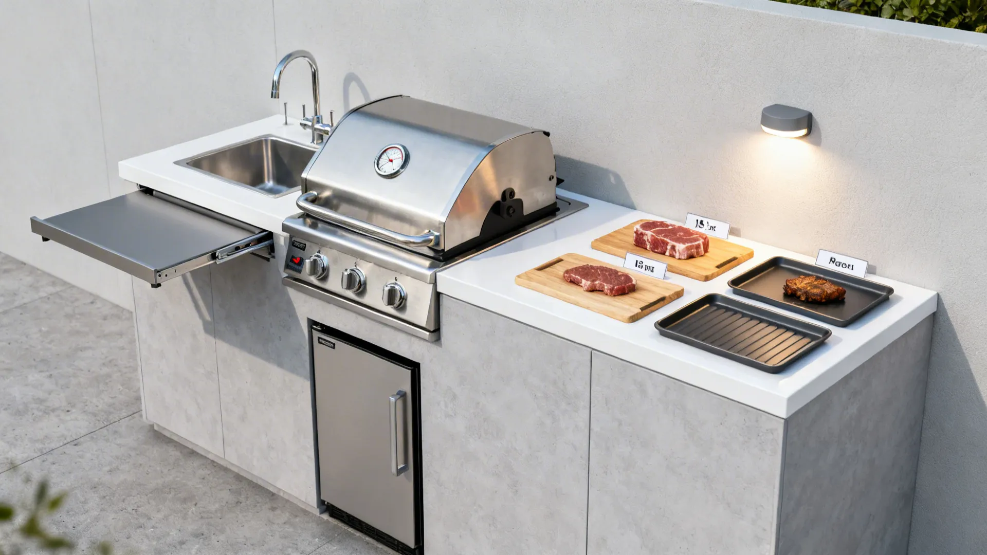 Compact grill station with a 15-inch sink, fold-down shelf, and task lighting