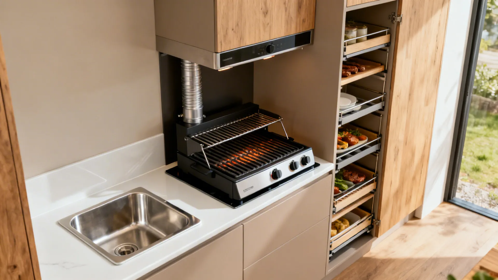 Compact modern kitchen with an induction grill, ducted hood, stainless splash, and vertical storage.