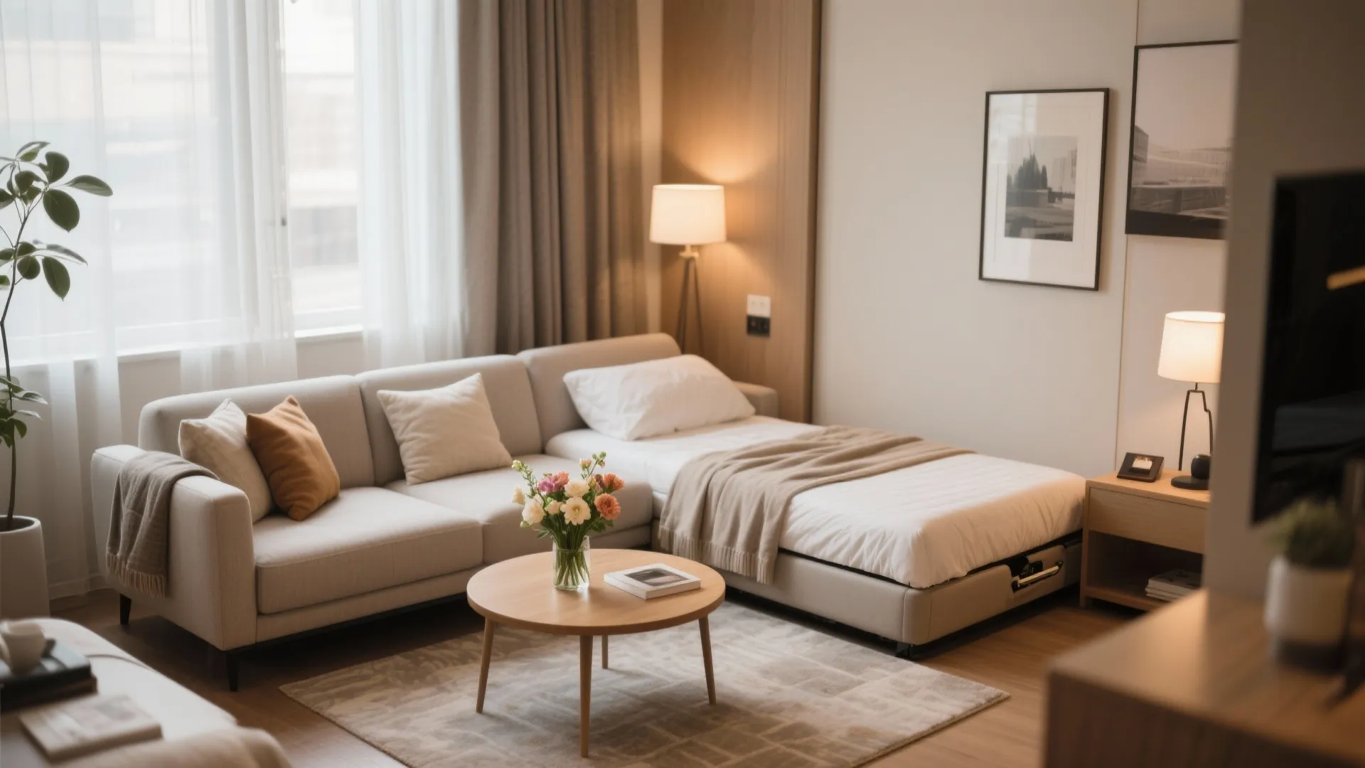 Compact second living room with sofa bed and soft decor