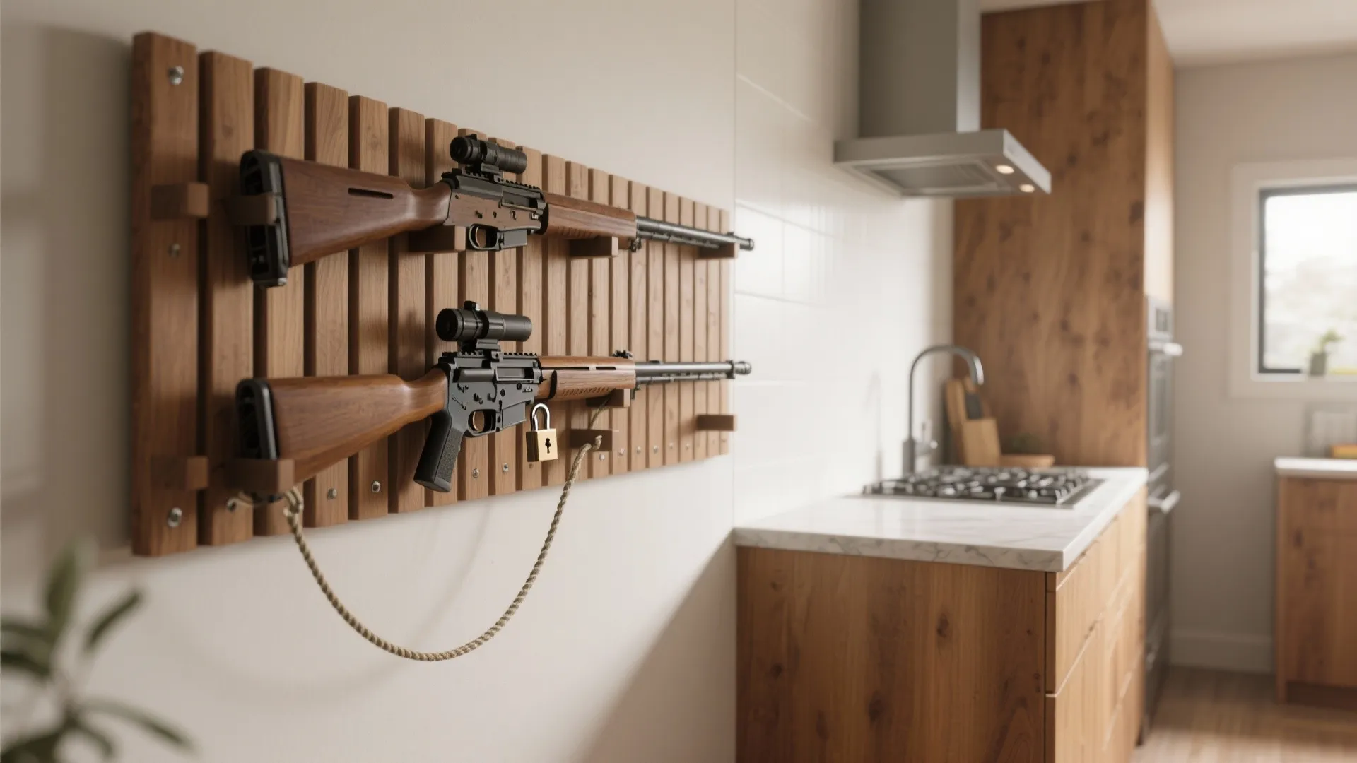 Modern wood wall rack holding two tools in a kitchen with white tiles and cabinets