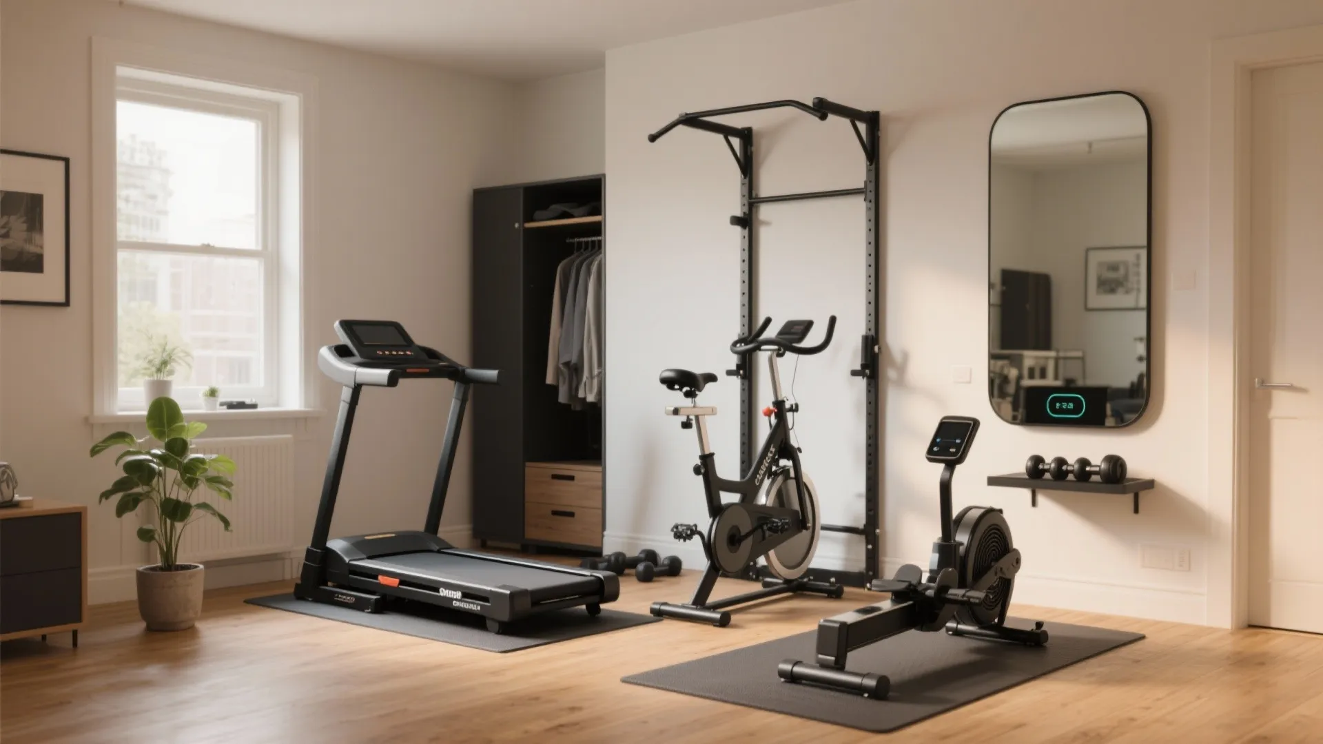 Home gym setup with treadmill exercise bike rowing machine mirror and pull up bar station
