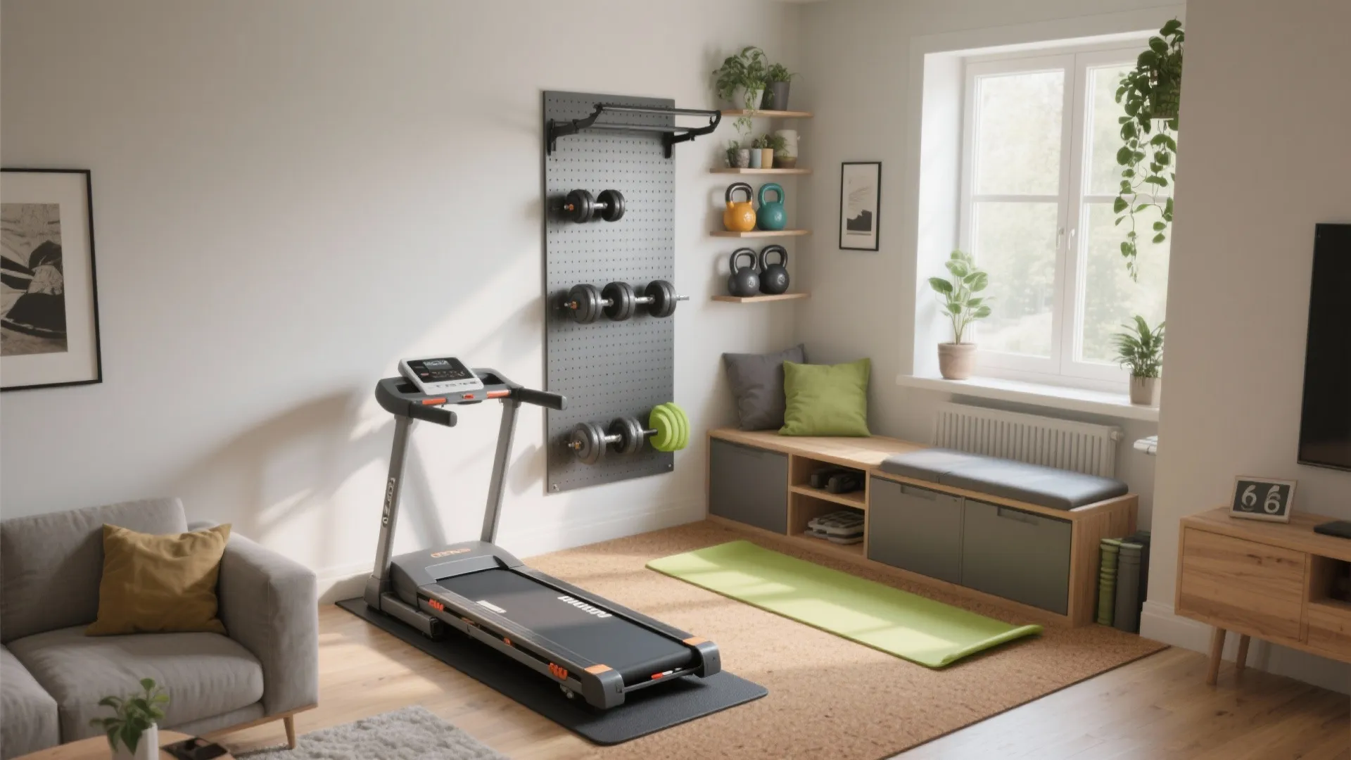 Modern home gym area in living room featuring treadmill weight rack yoga mat and wood cabinet