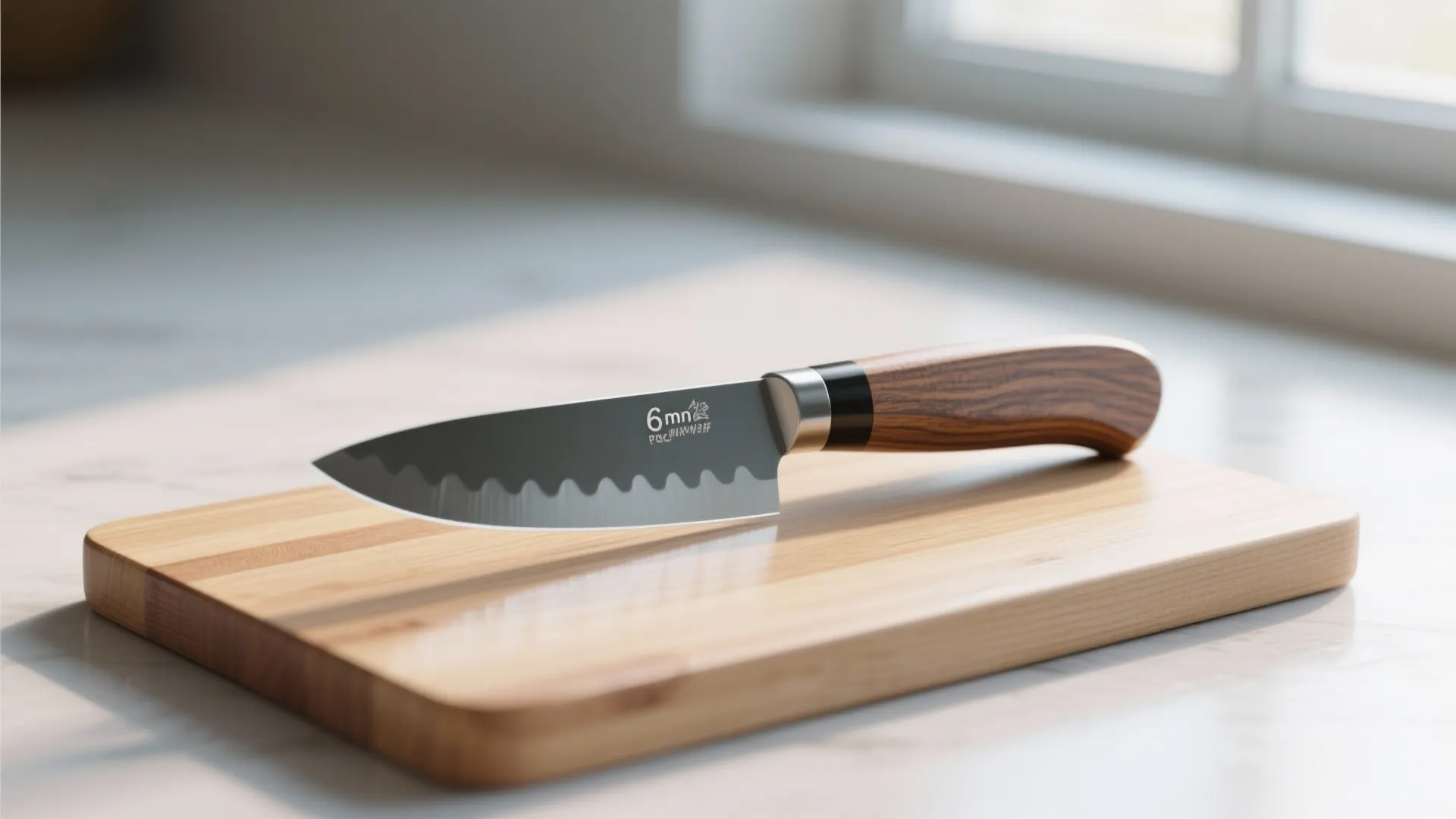 Professional kitchen knife with wooden handle resting on a light wood cutting board near window