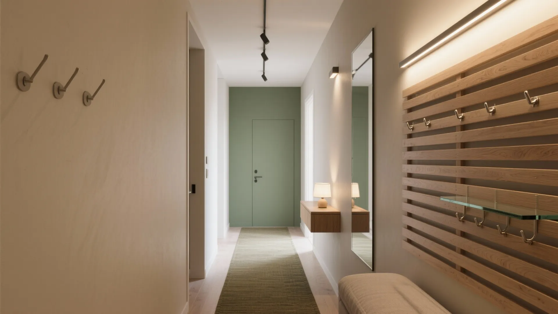 Modern hallway interior design with a green door wooden wall panel mirror and soft lighting