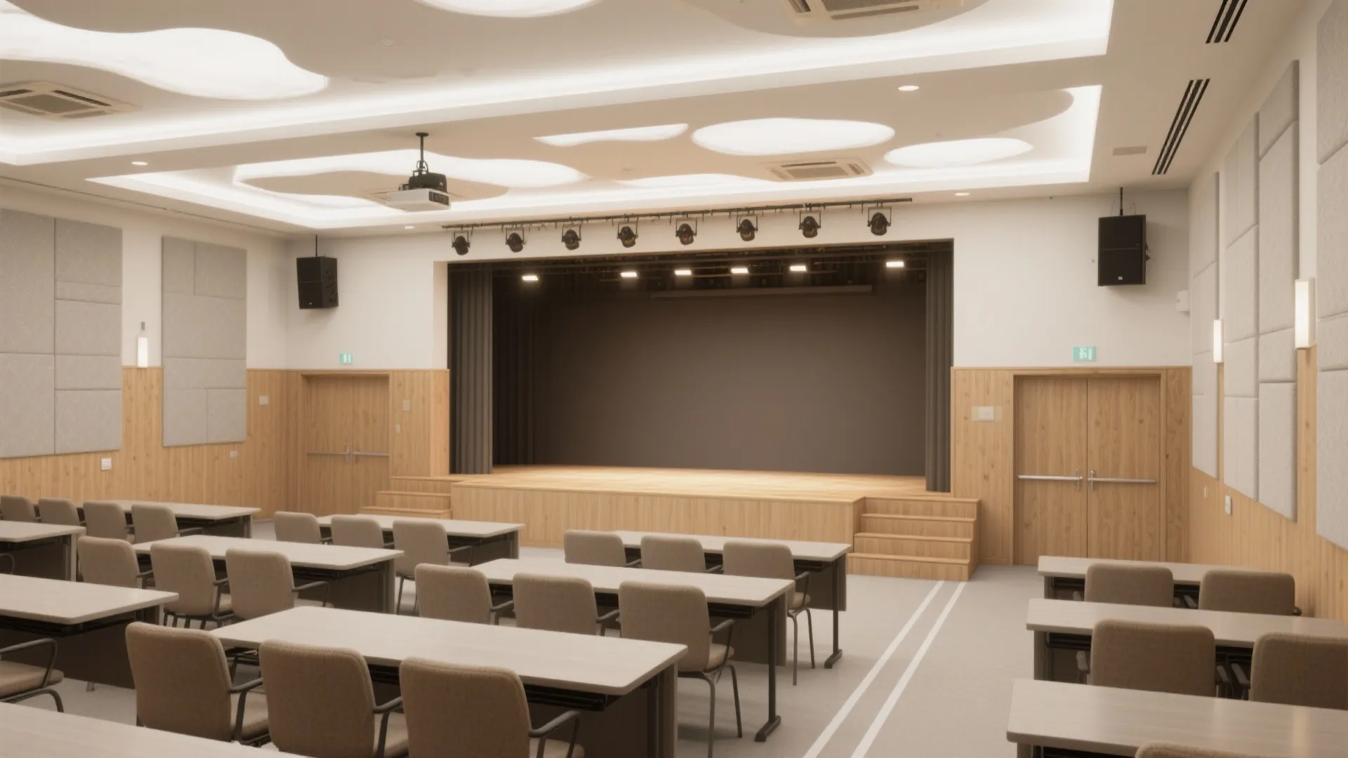 Interior design drawing showing a modern conference hall with wooden stage and many brown chairs