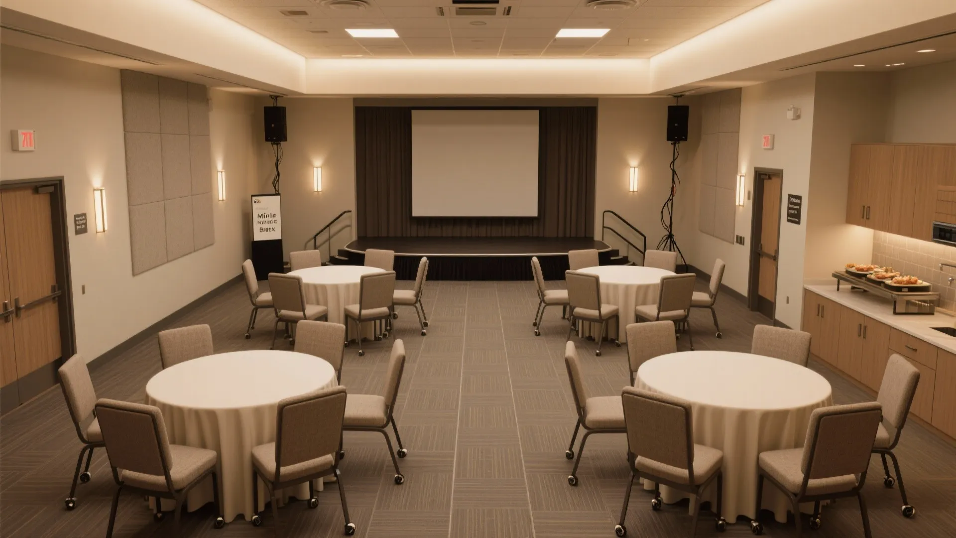 Modern meeting hall with round tables chairs stage projector screen speakers wall lights and food buffet