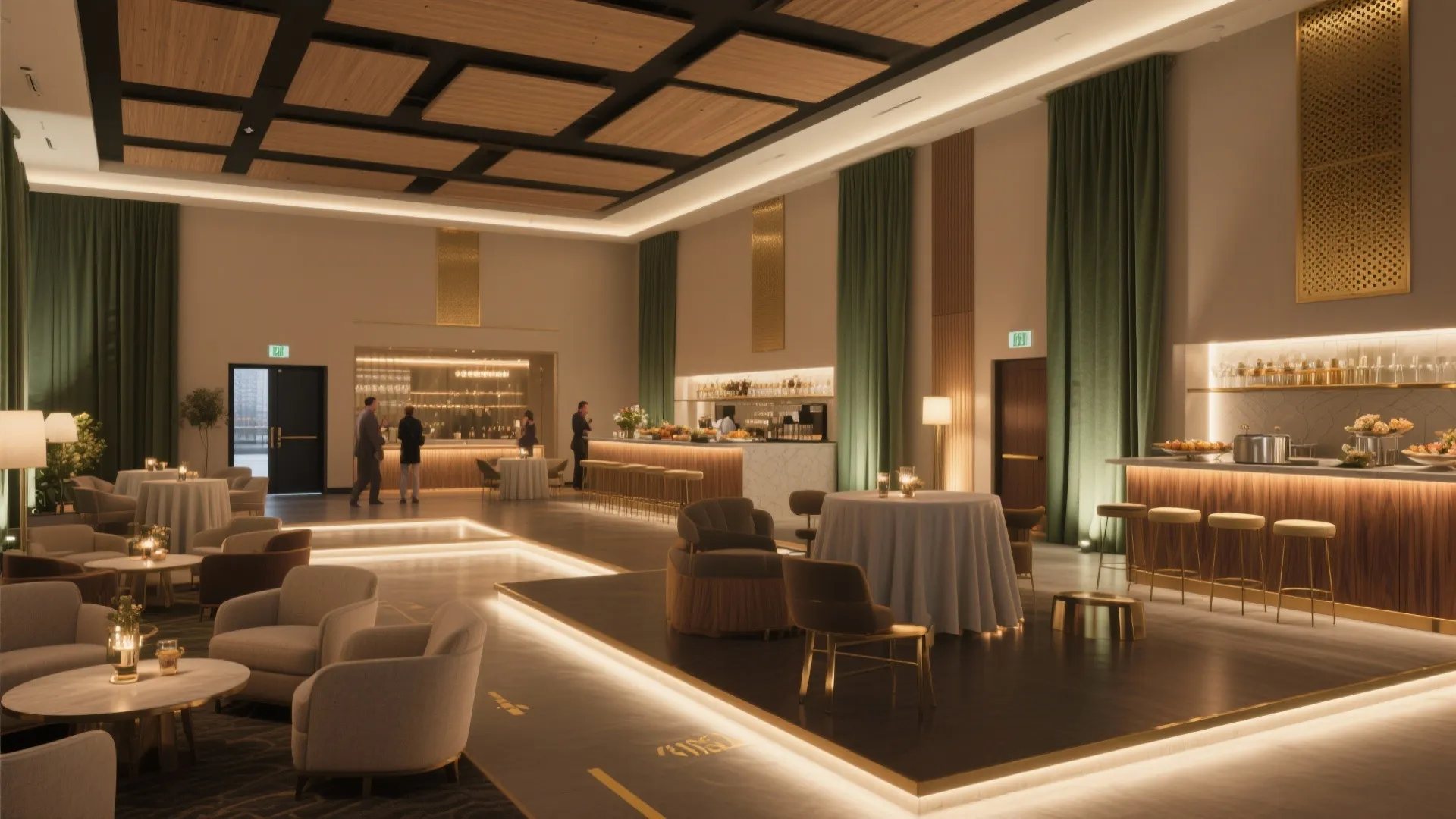 Modern hotel hall with wood ceiling light panels green long curtains bar counter and sofas