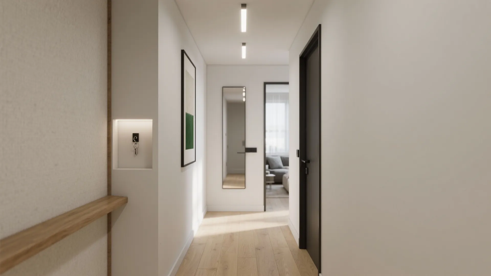 Modern white hallway with wood floor ceiling lights wall art mirror and black door entry